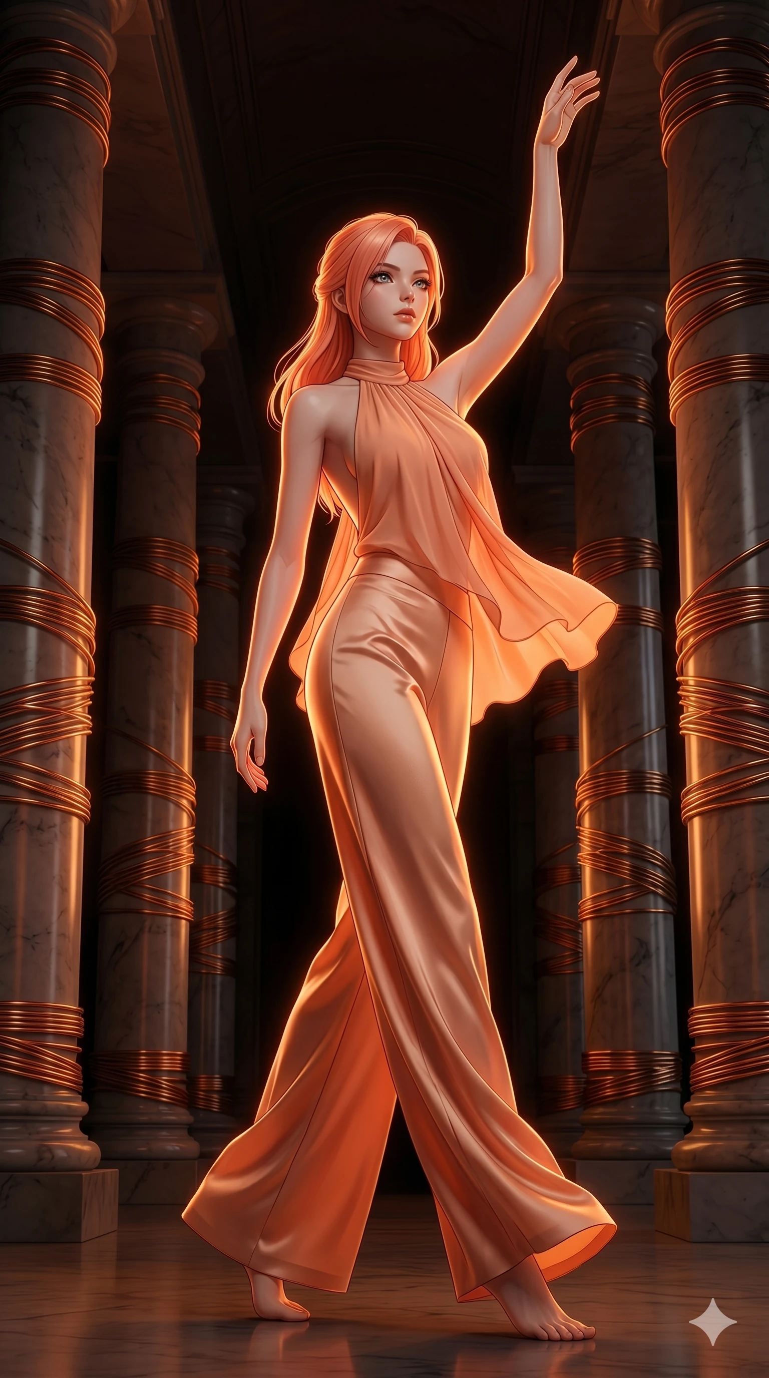 score_9, masterpiece, best quality, ultra-detailed, high-budget anime keyframe, editorial fashion photography, tasteful artistic composition, Japanese woman. low angle full-body shot from head to toe showing her feet, filling the entire 9:16 vertical frame with her statuesque presence, stretching her vertical silhouette. Gliding forward with one arm sweeping upward toward the sky within a hall of giant marble pillars wrapped in bands of glowing copper wire. She has an absolutely perfect 8-heads proportion, an exceptionally tall and slender female figure with impossibly long slender legs and an ultra-slim waist. V-shaped jawline, high-bridge nose, intricate jewel-like eyes with depth, thick eyelashes, glossy lips with a natural sheen. wearing a draped halter top in peach chiffon with an open back, paired with matching wide-leg trousers in flowing satin. drenched in warm amber cinematic rim lighting that traces every contour of her silhouette against a dark background. 2k, ultra detail, master piece, 9:16 ratio