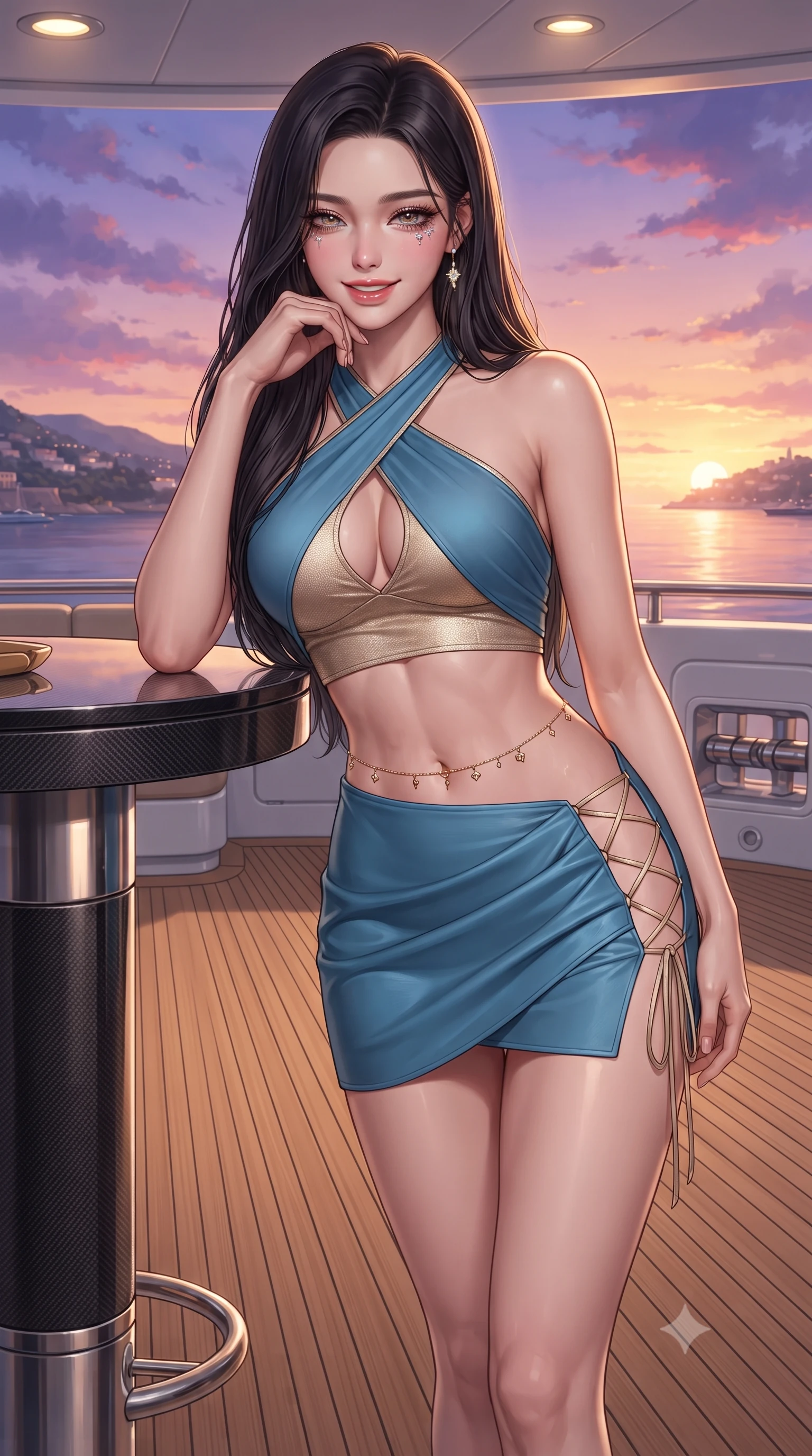 score_9, masterpiece, best quality, ultra-detailed, high-budget anime keyframe, editorial fashion photography, tasteful artistic composition, Korean woman. close-up cowboy shot from the waist and thighs up, the character dominates the composition, filling the frame with her large presence. resting one elbow on the table and supporting her chin, leaning close to the camera with heavy-lidded sparkling eyes and parted lips while standing poised on the expansive teak helipad as sunset paints the Mediterranean sky in violet and gold, arching her back with siren allure. The surrounding environment is rendered in vivid detail and crisp panoramic clarity: detailed metallic chainmail crop top weave, gold belly chain shine, and marine engineering craftsmanship in high resolution. She has an exceptionally elegant, slender, and willowy female figure with an ultra-slim waist, flat toned midriff, narrow ribcage, and sculpted feminine hips creating an alluring, slim hourglass silhouette without bulk. sharp v-shaped jawline, high-bridge nose, intricate jewel-like sparkling eyes with depth, thick eyelashes, glossy parted lips with a natural peach sheen, bright cheerful beaming smile with an enchanting and coquettish sensual glint, exuding both youthful cute charm and seductive allure, flawlessly proportioned anatomical accuracy, strict slender model proportions, natural body alignment, perfectly sculpted long slender limbs, ultra-slim waistline, clean dynamic posture without body distortion. wearing a criss-cross halterneck keyhole bandage crop top paired with an ultra-short draped tulip mini skirt in Monaco Mediterranean azure blue and champagne gold, woven from buttery-soft stretch lambskin leather adhering to her body like a second skin, featuring fine criss-cross lace-up side ties revealing tantalizing glimpses of her hip curve, the high-slit wrap tailoring accentuating her ultra-slim waistline and the enchanting curve of her feminine hips with alluring seductive charm. bathed in the breathtaking 3000K golden hour sunlight transitioning into saturated crimson-coral twilight. ultra-reflective glossy finish, specular highlights, rich textural contrasts, high-contrast stereoscopic depth, volumetric dynamic lighting, 2k, ultra detail, master piece, 9:16 ratio