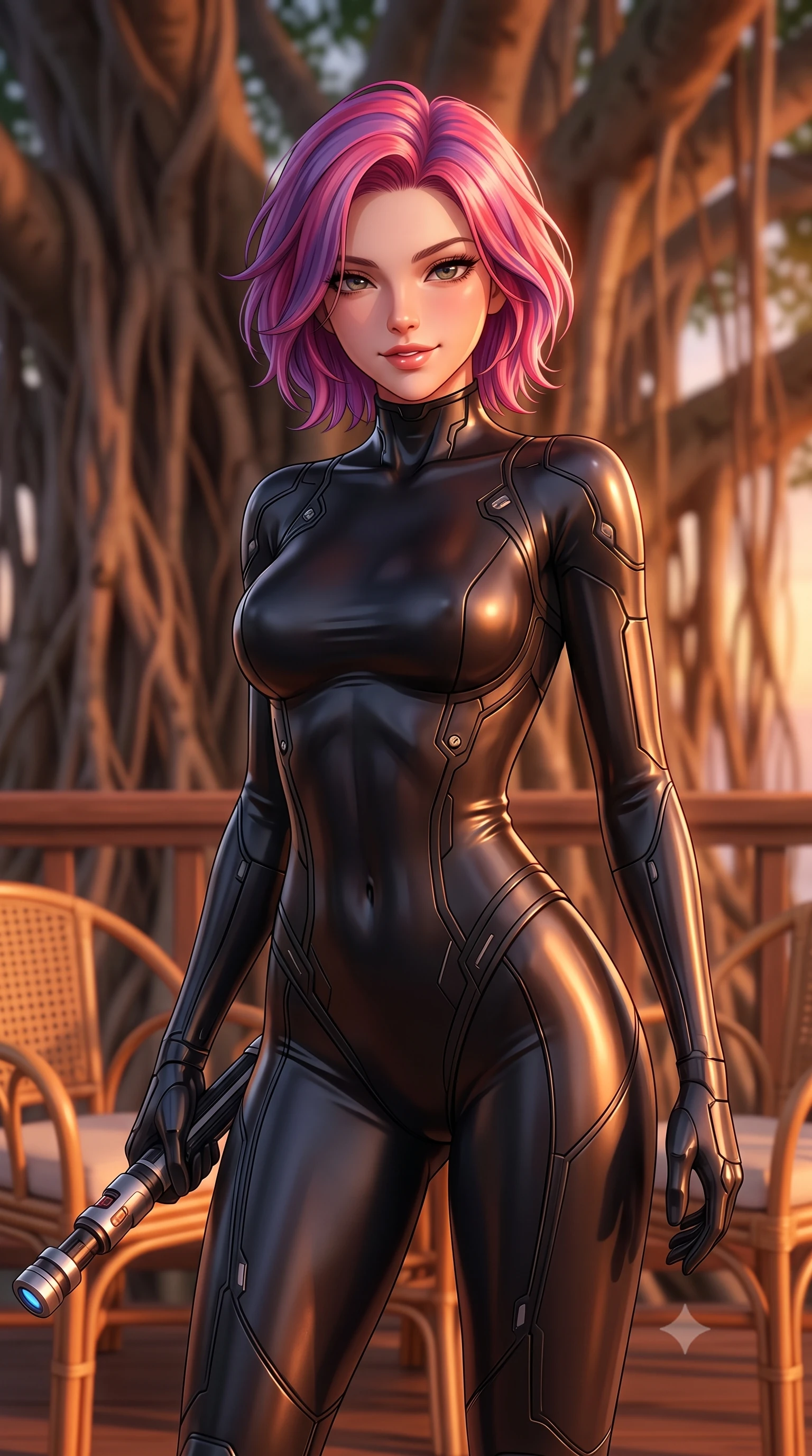 score_9, masterpiece, best quality, ultra-detailed, high-budget anime keyframe, editorial fashion photography, tasteful artistic composition, Caucasian woman. close-up cowboy shot from the waist and thighs up, the character dominates the composition, filling the frame with her large presence, background elements kept in soft focus. leaning slightly forward with a playful, teasing smile while holding a deactivated plasma saber hilt, the background shows a soft-focus a banyan tree deck with rattan chairs and wooden railings in soft focus. She has an exceptionally elegant, slender, and willowy female figure with an ultra-slim waist, a gracefully sculpted slender torso, and a refined silhouette. sharp v-shaped jawline, high-bridge nose, intricate jewel-like eyes with depth, thick eyelashes, glossy lips with a natural sheen. wearing a body-hugging form-fitting cybernetic combat suit in matte black latex, tracing her willowy silhouette with a high neck. warm sunset light casting a peaceful, cozy orange wash on her figure. highly saturated vibrant anime colors, detailed shading with soft gradients, rich glossy textures, high-contrast stereoscopic depth, volumetric dynamic lighting, master piece, 9:16 ratio