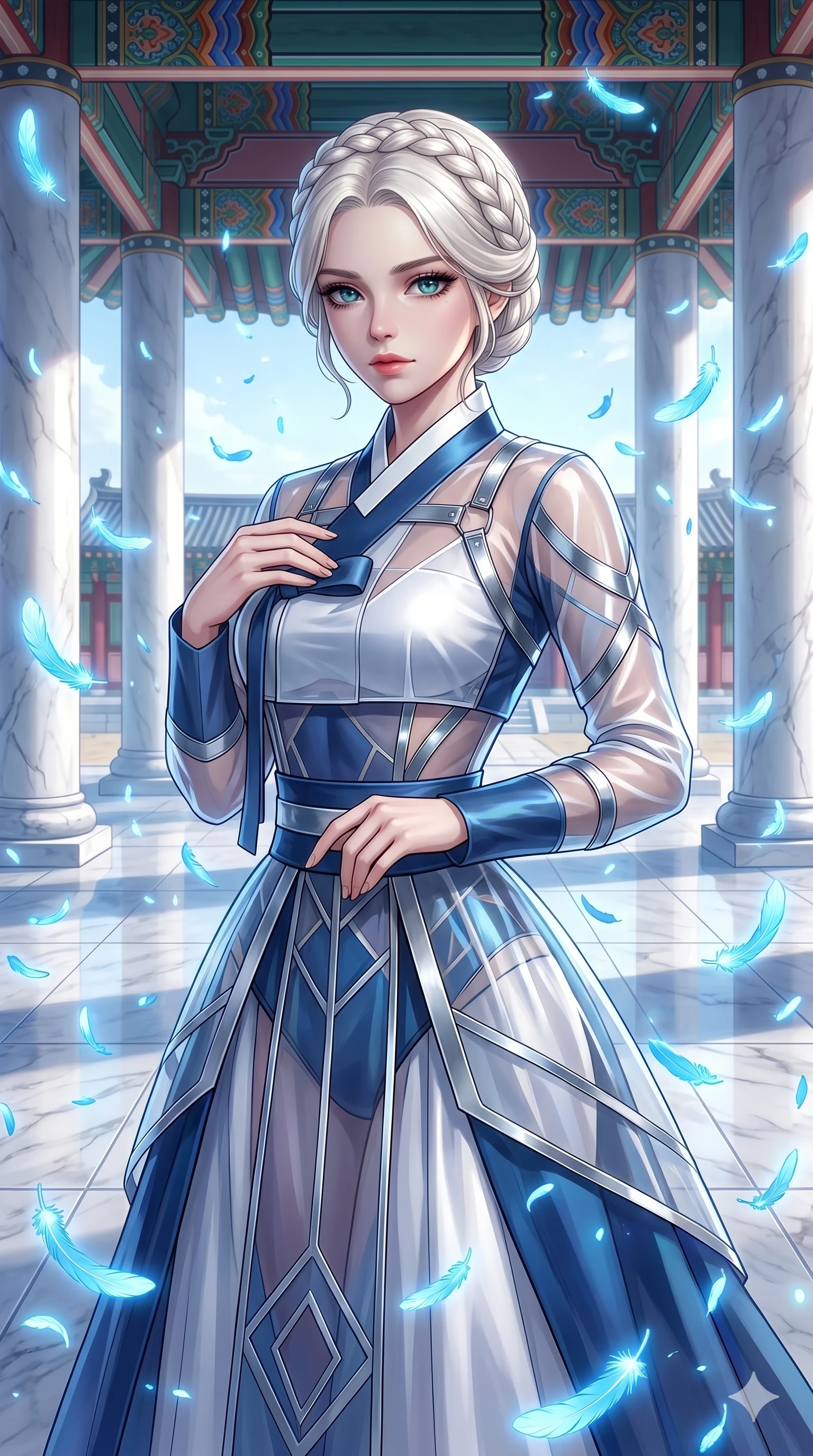score_9, masterpiece, best quality, ultra-detailed, Set C: High-budget Anime Keyframe, Korean woman. Upper body close-up from the thighs up, character filling the screen for maximum presence. Standing in a rain of blue feathers in a white marble courtyard. She has an absolutely perfect 8-heads proportion, an exceptionally tall and slender female figure with an slender waist and mysterious gaze. Sharp v-shaped jawline, high-bridge nose, intricate jewel-like eyes with depth, thick eyelashes, glossy lips. Wearing a Modern Traditional outfit: tech-hanbok with transparent panels and metallic straps. Background is a bright and colorful palace with white columns and thousands of glowing blue feathers. 2k, ultra detail, master piece, 9:16 ratio