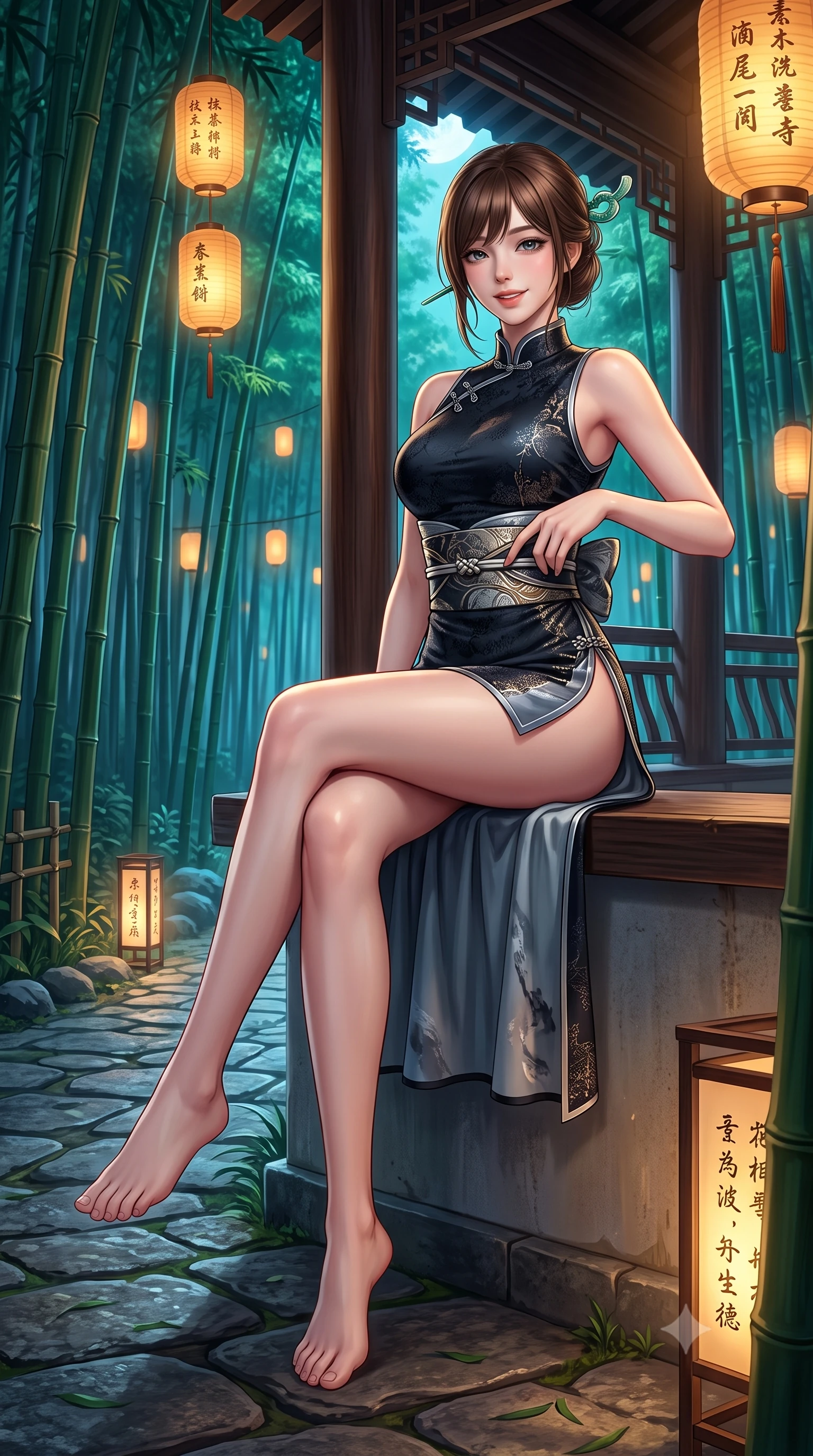 score_9, masterpiece, best quality, ultra-detailed, high-budget anime keyframe, semi-realistic 3D game render, editorial fashion photography, tasteful artistic composition, Korean woman. low angle full-body shot from head to toe showing her feet, filling the entire 9:16 vertical frame with her statuesque presence, stretching her vertical silhouette. sitting perched on the elevated pavilion terrace edge with legs crossed and hips angled toward the camera, displaying her toned midriff and long slender limbs with joyful, coquettish charm while pausing mid-stride with one hand touching her obi belt, her statuesque 8.5-heads silhouette commanding the ethereal bamboo cathedral. The surrounding environment is rendered in vivid detail and crisp panoramic clarity: sharp bamboo stalk ring ridges, natural stone pathway texture, and paper lantern calligraphy clarity in deep focus. She has an absolutely perfect, statuesque 8.5-heads proportion, an exceptionally tall and slender model-like female figure with impossibly long slender legs, an ultra-slim waist, a flat toned midriff, narrow delicate ribcage, and beautifully sculpted feminine hips creating a graceful, slim hourglass silhouette without any bulky heaviness. sharp v-shaped jawline, high-bridge nose, intricate jewel-like dark sparkling almond eyes with depth, thick lashes, glossy parted lips with a natural rose-plum sheen, bright alluring and coquettish smile with bedroom-eyes, exuding both timeless oriental elegance and sovereign high-fashion allure, flawlessly proportioned anatomical accuracy, strict slender model proportions, natural body alignment, perfectly sculpted long slender limbs, ultra-slim waistline, clean dynamic posture without body distortion. wearing a form-contouring high-neck modern cheongsam mini dress in midnight black jacquard silk with daring double side hip slits in misty ink-wash slate grey and liquid silver, woven from metallic gold and silver thread casting subtle starlight glints, featuring a modern sculptural jade hair pin securing her loose silky updo, the glove-like silhouette tightly following the natural contour of her hips and long slender legs with youthful 8.5-heads elegance. bathed in soft floating amber lantern light and cool moonlit emerald forest canopy fill. highly saturated vibrant anime colors, detailed shading with soft gradients, rich glossy textures, high-contrast stereoscopic depth, volumetric dynamic lighting, master piece, 9:16 ratio