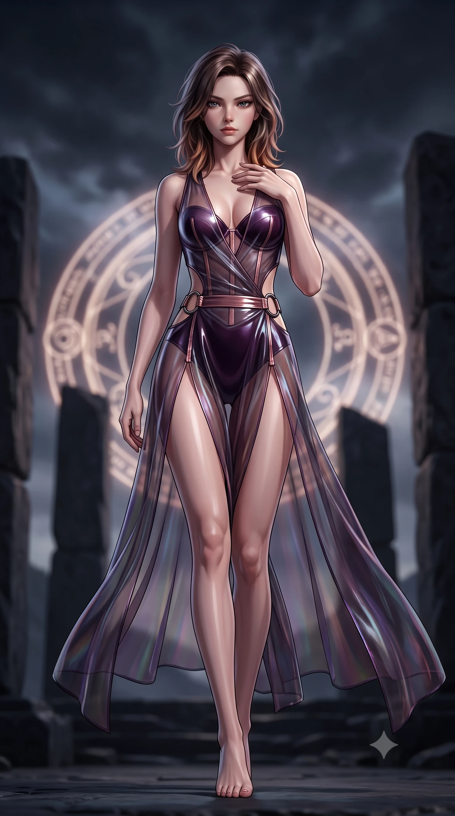 score_9, masterpiece, best quality, ultra-detailed, high-budget anime keyframe, semi-realistic 3D game render, editorial fashion photography, tasteful artistic composition, Korean woman. low angle full-body shot from head to toe showing her feet, filling the entire 9:16 vertical frame with her statuesque presence, stretching her vertical silhouette. striding forward in a proud, statuesque motion with a dangerous smolder, hips swaying with fierce allure, dominating the frame from head to toe while resting one hand near her collarbone with a dangerous, sovereign smolder gazing directly into the lens beneath the dark sky. The composition keeps background elements in soft focus with creamy bokeh. ancient basalt monolithic pillars and glowing arcane circles softened by moody atmospheric focus. She has an absolutely perfect, statuesque 8.5-heads proportion, an exceptionally tall and slender model-like female figure with impossibly long slender legs, a toned flat midriff, and an ultra-slim waist. sharp v-shaped jawline, high-bridge nose, intricate jewel-like eyes with depth, thick eyelashes, glossy lips with a natural sheen, flawlessly proportioned anatomical accuracy, strict slender model proportions, natural body alignment, perfectly sculpted long slender limbs, ultra-slim waistline, clean dynamic posture without body distortion. wearing a translucent iridescent dark organza wrap dress with structured bustier boning, plunging neckline, and high-cut dual leg slits in deep velvet violet and rose-gold metallic clasps, crafted from ultra-reflective second-skin latex with a high-gloss glass-like polish, detailed with polished gunmetal rings connecting the daring side-waist cutouts, the liquid-tight tailored fabric emphasizing every curve of her tall, slender model proportions and sculptured silhouette during dynamic movement. illuminated by deep shadow chiaroscuro tracing her sculpted flat midriff, bare spine, and slender limbs. rich saturated anime colors with deep moody shadows, detailed chiaroscuro shading with soft gradients, rich glossy textures, high-contrast stereoscopic depth, volumetric dynamic shadow lighting, master piece, 9:16 ratio