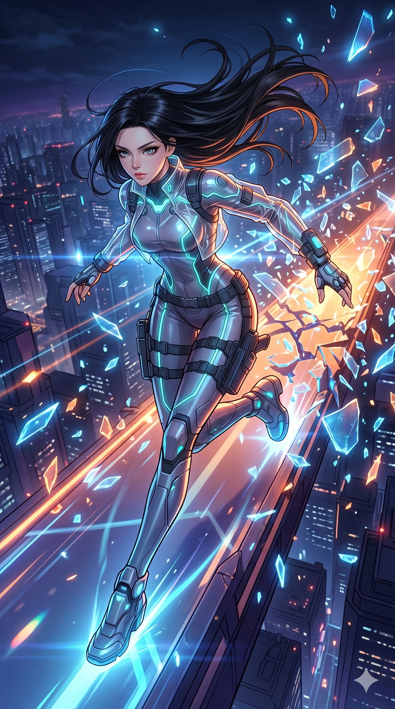 score_9, masterpiece, best quality, ultra-detailed, high-budget anime movie keyframe, cinematic anime lighting, intricate line art, Korean woman. Mid-air action shot capturing a graceful twist and vertical silhouette. dashing across a bridge of light as it collapses behind her. She has an absolutely perfect 8-heads proportion, an exceptionally tall and slender female figure with an ultra-slim waist and impossibly long slender legs. strictly human anatomy, two legs only, no extra limbs, clearly defined legs and arms, perfect anatomy, perfect hands and fingers. sharp v-shaped jawline, high-bridge nose, intricate jewel-like eyes, thick eyelashes, glossy lips. Wearing Tech-Fantasy: Cybernetic tech-suit with glowing seams, translucent PVC over leotard, and modular tactical gear. The scene is illuminated by dramatic atmospheric lighting and vibrant color palettes. , 2k, ultra detail, master piece, 9:16 ratio