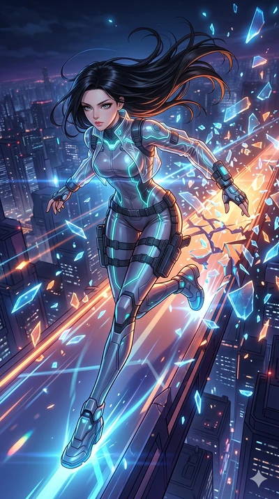 score_9, masterpiece, best quality, ultra-detailed, high-budget anime movie keyframe, cinematic anime lighting, intricate line art, Korean woman. Mid-air action shot capturing a graceful twist and vertical silhouette. dashing across a bridge of light