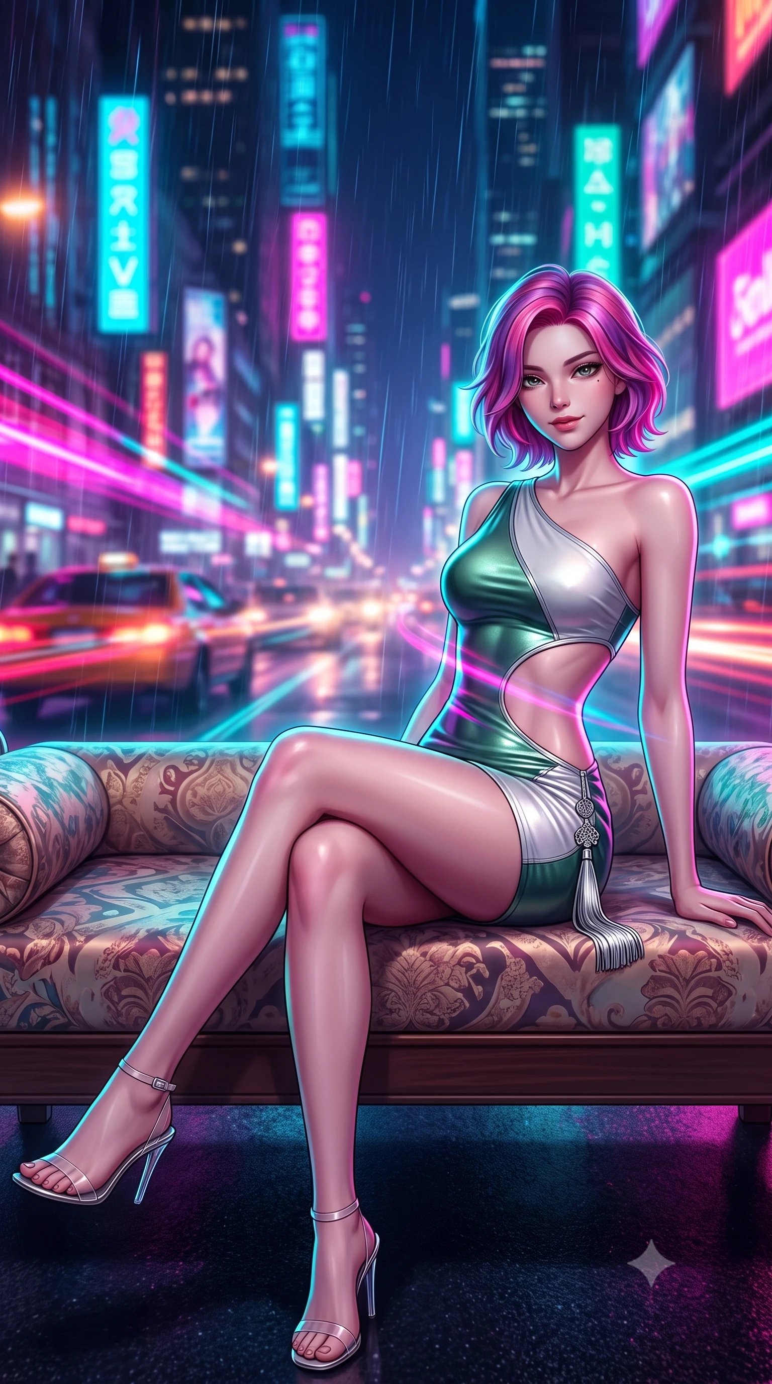 score_9, masterpiece, best quality, ultra-detailed, high-budget anime keyframe, semi-realistic 3D game render, editorial fashion photography, tasteful artistic composition, Caucasian woman. low angle full-body shot from head to toe showing her feet, filling the entire 9:16 vertical frame with her statuesque presence, stretching her vertical silhouette. lounging on the lavish daybed with legs crossed and hips angled toward the camera, displaying her toned midriff and long slender limbs with effortless siren poise while twisting her slender torso in an alluring S-curve, neon billboards casting vibrant magenta and cyan streaks across her narrow waist and hips. The background shows a soft-focus speeding car light trails, towering neon skyscraper advertisements, and misty night rain blurred into electric fuchsia, cyan, and amber bokeh. She has an absolutely perfect, statuesque 8.5-heads proportion, an exceptionally tall and slender model-like female figure with impossibly long slender legs, an ultra-slim waist, a flat toned midriff, narrow delicate ribcage, and beautifully sculpted feminine hips creating a graceful, slim hourglass silhouette without any bulky heaviness. sharp v-shaped jawline, high-bridge nose, sparkling eyes with hypnotic seductive depth, thick curled eyelashes, glossy parted lips with a natural dewy peach sheen, alluring bedroom-eyes with an enchanting coquettish smile, exuding magnetic siren charisma and sophisticated glamour, flawlessly proportioned anatomical accuracy, strict slender model proportions, natural body alignment, perfectly sculpted long slender limbs, ultra-slim waistline, clean dynamic posture without body distortion. wearing an asymmetric one-shoulder metallic disco mini dress with a dramatic side cutout hugging her waist and hips in moonlit jade green and pure alabaster white with silver accents, woven from buttery-soft stretch lambskin leather adhering to her body like a second skin, accented with an intricate silver norigae tassel swaying gracefully along her curving hip line, the glove-like clinging cut tightly following the natural contour of her hips and long slender legs with youthful 8.5-heads elegance. illuminated by passing car headlight streaks and sharp electric-cyan rim lights defining her razor-sharp jawline, narrow waist, and curvy hips. highly saturated vibrant anime colors, detailed shading with soft gradients, rich glossy textures, high-contrast stereoscopic depth, volumetric dynamic lighting, master piece, 9:16 ratio