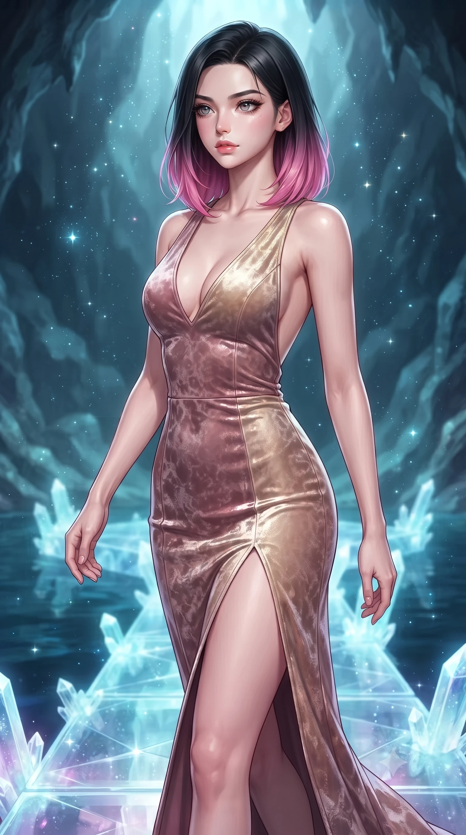 score_9, masterpiece, best quality, ultra-detailed, high-budget anime keyframe, editorial fashion photography, tasteful artistic composition, Korean woman. close-up cowboy shot from the waist and thighs up, the character dominates the composition, filling the frame with her large presence, background elements kept in soft focus. Gazing past the camera with an air of effortless elegance and mysterious confidence stepping along a glowing quartz crystal bridge over a subterranean mirror lake, glowing mineral dust shimmering like stars in the quiet cavern air. She has an exceptionally elegant, slender, and willowy female figure with an ultra-slim waist, a gracefully sculpted slender torso, and a refined silhouette. sharp v-shaped jawline, high-bridge nose, intricate jewel-like eyes with depth, thick eyelashes, glossy lips with a natural sheen. wearing a backless crushed velvet gown with a deep V-neckline and high thigh slit in dusty rose and champagne gold, formed from sleek second-skin neoprene, finished with a sleek side slit ascending to mid-thigh, the tailored fabric tightly following every curve of her athletic build. surrounded by a cool jewel-toned luminescence with bright specular rim lights. highly saturated vibrant anime colors, detailed shading with soft gradients, rich glossy textures, high-contrast stereoscopic depth, volumetric dynamic lighting, master piece, 9:16 ratio