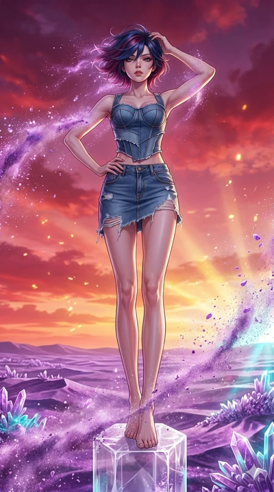 score_9, masterpiece, best quality, ultra-detailed, high-budget anime keyframe, Japanese woman. low angle full-body shot filling the entire 9:16 frame with her statuesque presence, stretching the vertical silhouette. standing atop a transparent salt 