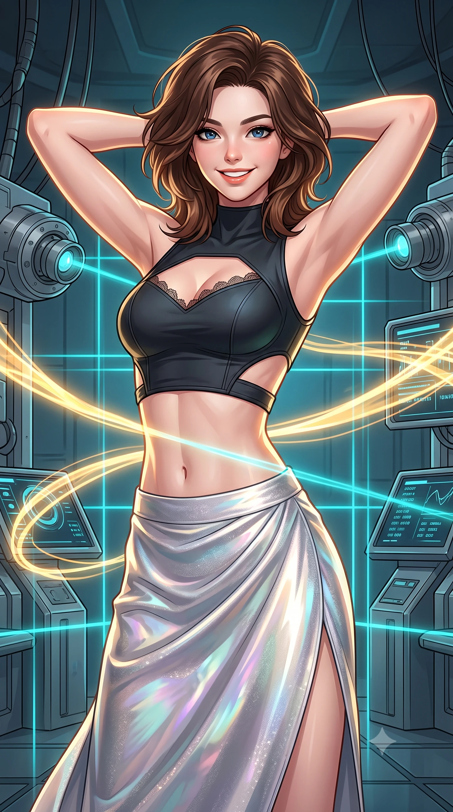 score_9, masterpiece, best quality, ultra-detailed, high-budget anime keyframe, semi-realistic 3D game render, editorial fashion photography, tasteful artistic composition, Korean woman. close-up cowboy shot from the waist and thighs up, the character dominates the composition, filling the frame with her large presence. resting both hands lightly behind her neck with elbows raised, arching her spine to highlight her narrow waist, flat midriff, and breathtaking collarbones while twisting her slender torso in an alluring S-curve, golden plasma ribbons and cyan laser containment fields criss-crossing across her flat midriff and hourglass curves. The surrounding environment is rendered in vivid detail and crisp panoramic clarity: sharp superconducting magnet housing seams, laser projector lenses, and digital containment telemetry readouts in deep focus. She has an exceptionally elegant, slender, and willowy female figure with an ultra-slim waist, flat toned midriff, narrow ribcage, and sculpted feminine hips creating an alluring, slim hourglass silhouette without bulk. sharp v-shaped jawline, high-bridge nose, intricate jewel-like sparkling eyes with depth, thick eyelashes, glossy parted lips with a natural peach sheen, bright cheerful beaming smile with an enchanting and coquettish sensual glint, exuding both youthful cute charm and seductive allure, flawlessly proportioned anatomical accuracy, strict slender model proportions, natural body alignment, perfectly sculpted long slender limbs, ultra-slim waistline, clean dynamic posture without body distortion. wearing an alluring tactical crop top with asymmetrical side-rib cutouts and high-neck collar paired with a high-slit wrap skirt in iridescent mother-of-pearl and liquid molten silver, tailored from high-density tech-wool with subtle metallic thread weave, finished with scalloped eyelash lace trim framing her sweetheart neckline with intimate elegance, the precision-cut side openings and low-back scoop framing her graceful spine and the sensual sweep of her slim, toned hips. bathed in the blinding warm golden 3000K plasma radiance mixed with delicate cyan laser grid lines. highly saturated vibrant anime colors, detailed shading with soft gradients, rich glossy textures, high-contrast stereoscopic depth, volumetric dynamic lighting, master piece, 9:16 ratio