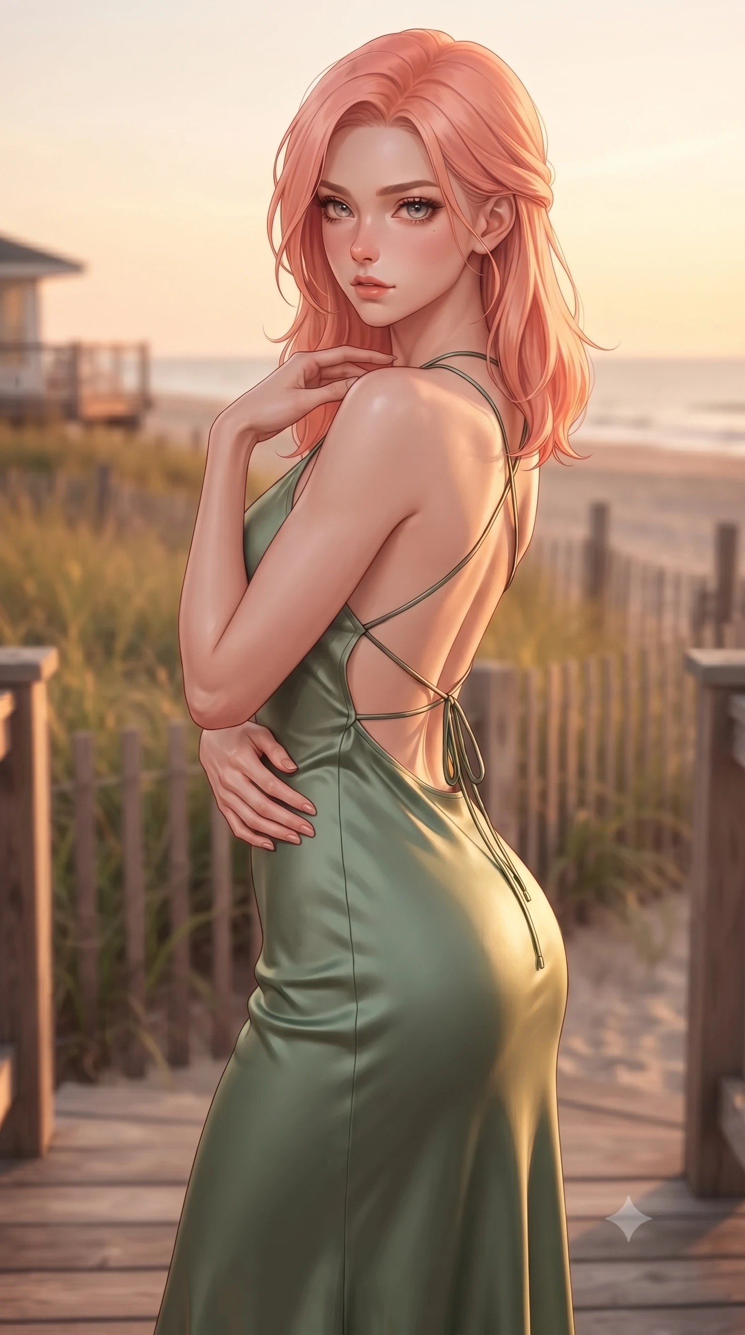 score_9, masterpiece, best quality, ultra-detailed, high-budget anime keyframe, editorial fashion photography, tasteful artistic composition, Japanese woman woman. close-up cowboy shot from the waist and thighs up, the character dominates the composition, filling the frame with her large presence, background elements kept in soft focus. standing with one hand resting on her collarbone, looking at the viewer with bedroom-eyes the background shows a soft-focus a cozy wooden deck of a beachside cottage, surrounded by beachgrass and wooden fences. She has an exceptionally elegant, slender, and willowy female figure with an ultra-slim waist, a gracefully sculpted slender torso, and a refined silhouette. sharp v-shaped jawline, high-bridge nose, intricate jewel-like eyes with depth, thick eyelashes, glossy lips with a natural sheen. wearing a body-hugging lightweight silk sundress in sage green with a dramatic open-back and thin criss-cross straps. warm sunset light casting a peaceful, cozy orange wash on her figure. ultra-reflective glossy finish, specular highlights, metallic sheen, high-contrast stereoscopic depth, volumetric dynamic lighting, 2k, ultra detail, master piece, 9:16 ratio