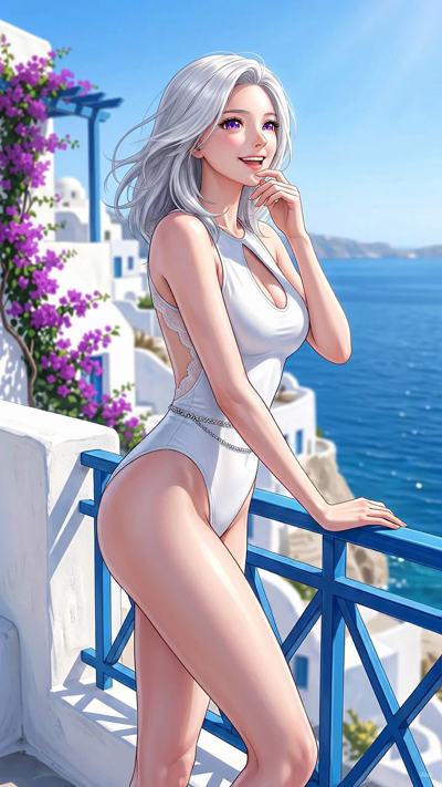The character in the starting frame maintains their original pose, blinking slowly and looking towards the camera with a subtle, natural expression. A gentle breeze causes their hair to sway softly, providing a sense of presence. The camera executes 