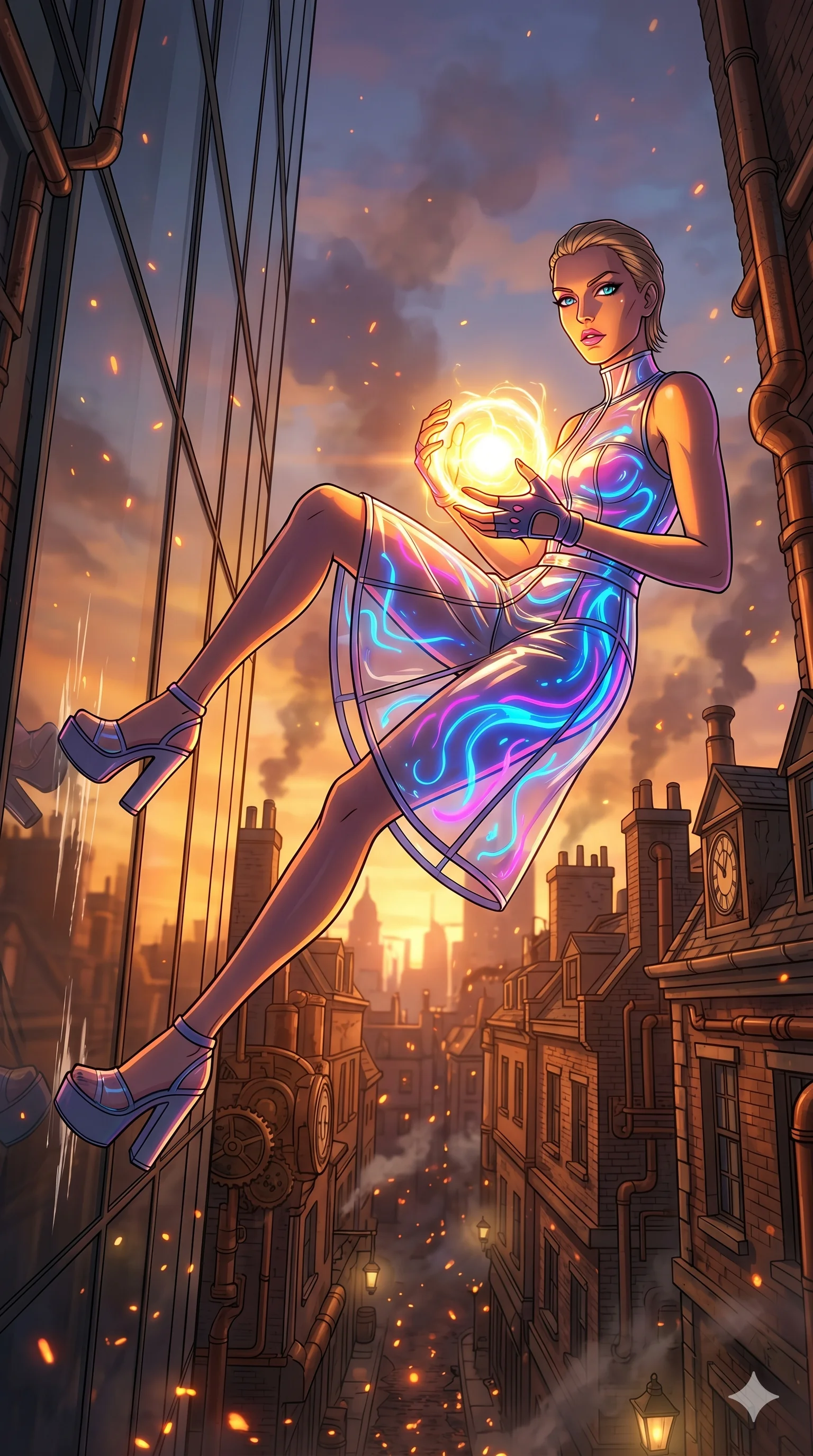 score_9, masterpiece, best quality, ultra-detailed, Set A: High-budget Anime Keyframe, Caucasian (human ears) woman. Low angle cowboy shot filling the entire 9:16 frame with her statuesque presence. Theme: Urban Decay. sliding down a glass skyscraper in a steampunk London alleyway, holding a glowing core that hums with the power of 162 suns. The atmosphere is filled with golden hour with floating embers. She has an absolutely perfect 8-heads proportion, an exceptionally tall and slender female figure with impossibly long slender legs and an ultra-slim waist. Sharp v-shaped jawline, high-bridge nose, intricate jewel-like eyes with depth, glossy lips. Wearing Transparent vinyl dress filled with glowing liquid neon, paired with platform heels. Cinematic lighting, vivid colors, dramatic shadows, 2k, ultra detail, master piece, 9:16 ratio