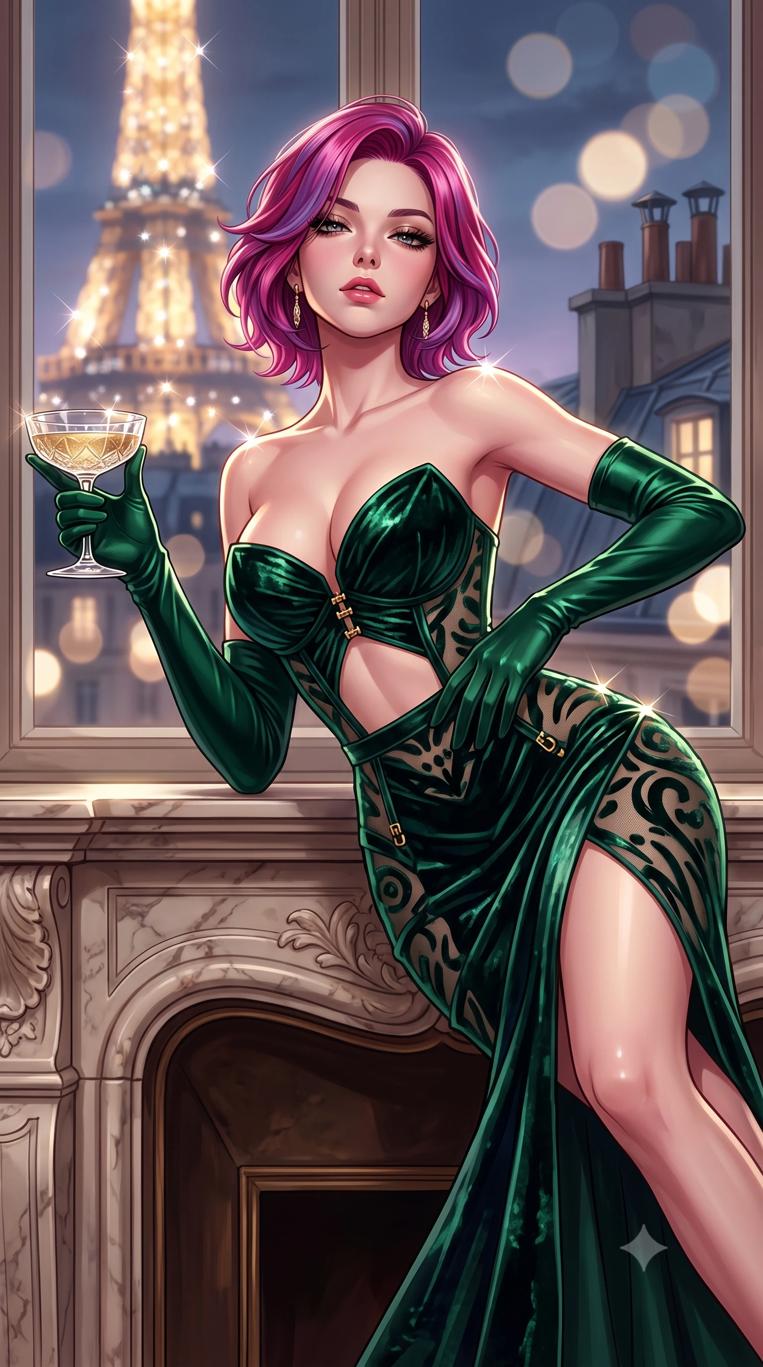 score_9, masterpiece, best quality, ultra-detailed, high-budget anime keyframe, semi-realistic 3D game render, editorial fashion photography, tasteful artistic composition, Caucasian woman. close-up cowboy shot from the waist and thighs up, the character dominates the composition, filling the frame with her large presence. tilting her chin up with proud, sovereign allure while gazing through thick eyelashes, one hand resting on her waist in pure supermodel charisma while reclining across a marble fireplace hearth propped on one elbow, her long slender legs and narrow waist bathed in the romantic Paris twilight. The composition keeps background elements in soft focus with creamy bokeh. sparkling Eiffel Tower light show and classic zinc rooftop chimneys blurred into champagne, slate blue, and golden bokeh. She has an exceptionally elegant, slender, and willowy female figure with an ultra-slim waist, flat toned midriff, narrow ribcage, and sculpted feminine hips creating an alluring, slim hourglass silhouette without bulk. sharp v-shaped jawline, high-bridge nose, intricate jewel-like eyes with depth, thick eyelashes, glossy parted lips with a natural sheen, intensely captivating and seductive bedroom-eyes expression, flawlessly proportioned anatomical accuracy, strict slender model proportions, natural body alignment, perfectly sculpted long slender limbs, ultra-slim waistline, clean dynamic posture without body distortion. wearing a deep sweetheart neckline crushed velvet corseted ballgown with an exposed midriff cutout in deep emerald green satin and gold hardware, made of sheer contouring power-mesh with velvet flocking patterns, accessorized with opera-length satin gloves and a vintage crystal glass, the glove-like aerodynamic silhouette tightly following the natural contour of her hips and long slender legs with statuesque 8.5-heads elegance. illuminated by sparkling Eiffel Tower light glints defining her razor-sharp jawline, narrow waist, and curvy hips. highly saturated vibrant anime colors, detailed shading with soft gradients, rich glossy textures, high-contrast stereoscopic depth, volumetric dynamic lighting, master piece, 9:16 ratio