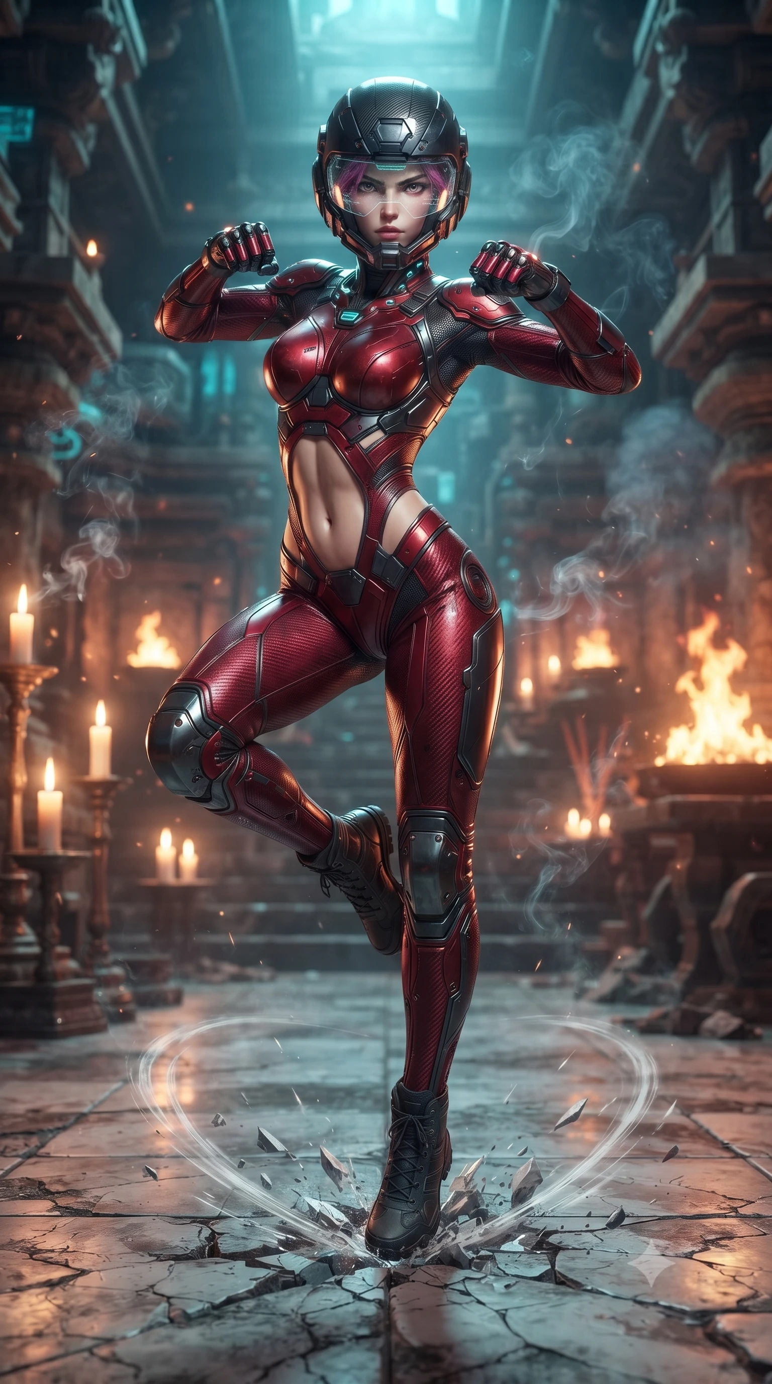 score_9, masterpiece, best quality, ultra-detailed, high-budget anime keyframe, editorial fashion photography, tasteful artistic composition, Caucasian woman. low angle full-body shot from head to toe showing her feet, filling the entire 9:16 vertical frame with her statuesque presence, stretching her vertical silhouette. leaping into mid-air with an athletic yet alluring arch of her spine, driving a downward kinetic strike surrounded by a ring of displaced air while striding forward through drifting incense and cordite smoke with fierce, regal warrior composure. The surrounding environment is rendered in vivid detail and crisp panoramic clarity. sharp titanium jaw-guard bevels, glowing knuckle LED coils, and cracked marble floor textures in deep focus. She has an absolutely perfect, statuesque 8.5-heads proportion, an exceptionally tall and slender model-like female figure with impossibly long slender legs, a toned flat midriff, and an ultra-slim waist. sharp v-shaped jawline, high-bridge nose, intricate jewel-like eyes with depth, thick eyelashes, glossy lips with a natural sheen, fierce and resolute heroine expression, flawlessly proportioned anatomical accuracy, strict slender model proportions, natural body alignment, perfectly sculpted long slender limbs, ultra-slim waistline, clean dynamic posture without body distortion. wearing an open-face aerodynamic carbon-fiber combat helmet with a retracted transparent holographic HUD visor framing her sharp jawline and jewel-like eyes, paired with a form-contouring high-mobility battle-suit featuring sculpted carbon chest plating, diagonal midriff ventilation cutouts, and kinetic knee vambraces in deep battle-scarred crimson carbon weave with specular dark chrome accents, made of liquid carbon-jersey fabric accentuating every curve of her tall, slender model proportions, featuring a sleek aerodynamic collar framed by subtle glowing cybernetic status LEDs, the sleek second-skin cut tightly hugging her graceful clavicle, narrow waist, and feminine curves with athletic precision. bathed in flickering candlelight and blazing fires with cool cyan kinetic energy backlighting. ultra-reflective glossy finish, specular highlights, dark metallic sheen, high-contrast stereoscopic depth, volumetric dynamic lighting, 2k, ultra detail, master piece, 9:16 ratio