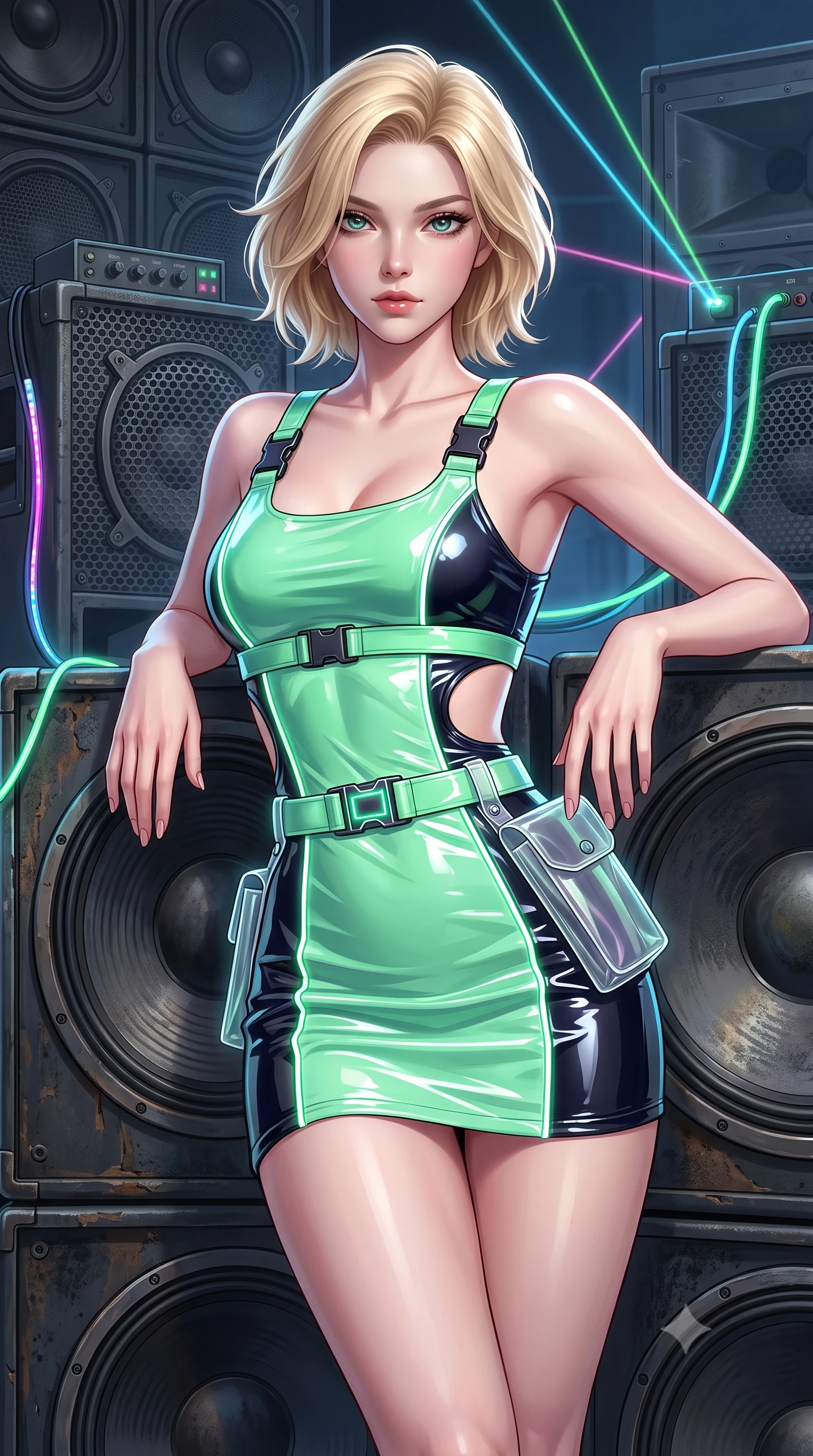 score_9, masterpiece, best quality, ultra-detailed, high-budget anime keyframe, semi-realistic 3D game render, editorial fashion photography, tasteful artistic composition, Caucasian woman. close-up cowboy shot from the waist and thighs up, the character dominates the composition, filling the frame with her large presence. leaning forward with playful, captivating grace, her sculpted collarbones and slender neckline highlighted by directional light while leaning against a heavy subwoofer speaker stack with confident Y2K attitude and flawless vertical posture. The surrounding environment is rendered in vivid detail and crisp panoramic clarity. intricate audio speaker grilles, glowing LED accessory cables, and laser beam paths in high resolution. She has an exceptionally elegant, slender, and willowy female figure with an ultra-slim waist, a gracefully sculpted slender torso, toned flat midriff, and a refined slim silhouette. sharp v-shaped jawline, high-bridge nose, intricate jewel-like eyes with depth, thick eyelashes, glossy lips with a natural sheen, captivating and magnetic expression, flawlessly proportioned anatomical accuracy, strict slender model proportions, natural body alignment, perfectly sculpted long slender limbs, ultra-slim waistline, clean dynamic posture without body distortion. wearing a high-gloss vinyl mini dress accented with industrial buckle straps and side-waist cutouts in neon mint green and dark obsidian, tailored from lightweight crinkle nylon with glowing reflective piping, complemented by a neon LED belt buckle and translucent vinyl holster, the glove-like aerodynamic second-skin fit tightly clinging to her ultra-slender waist and athletic curves without adding bulk, accentuating her razor-sharp statuesque lines and slim hourglass silhouette. illuminated by crisp rim lights accentuating her ultra-slim waistline and long athletic limbs. highly saturated vibrant anime colors, detailed shading with soft gradients, rich glossy textures, high-contrast stereoscopic depth, volumetric dynamic lighting, master piece, 9:16 ratio