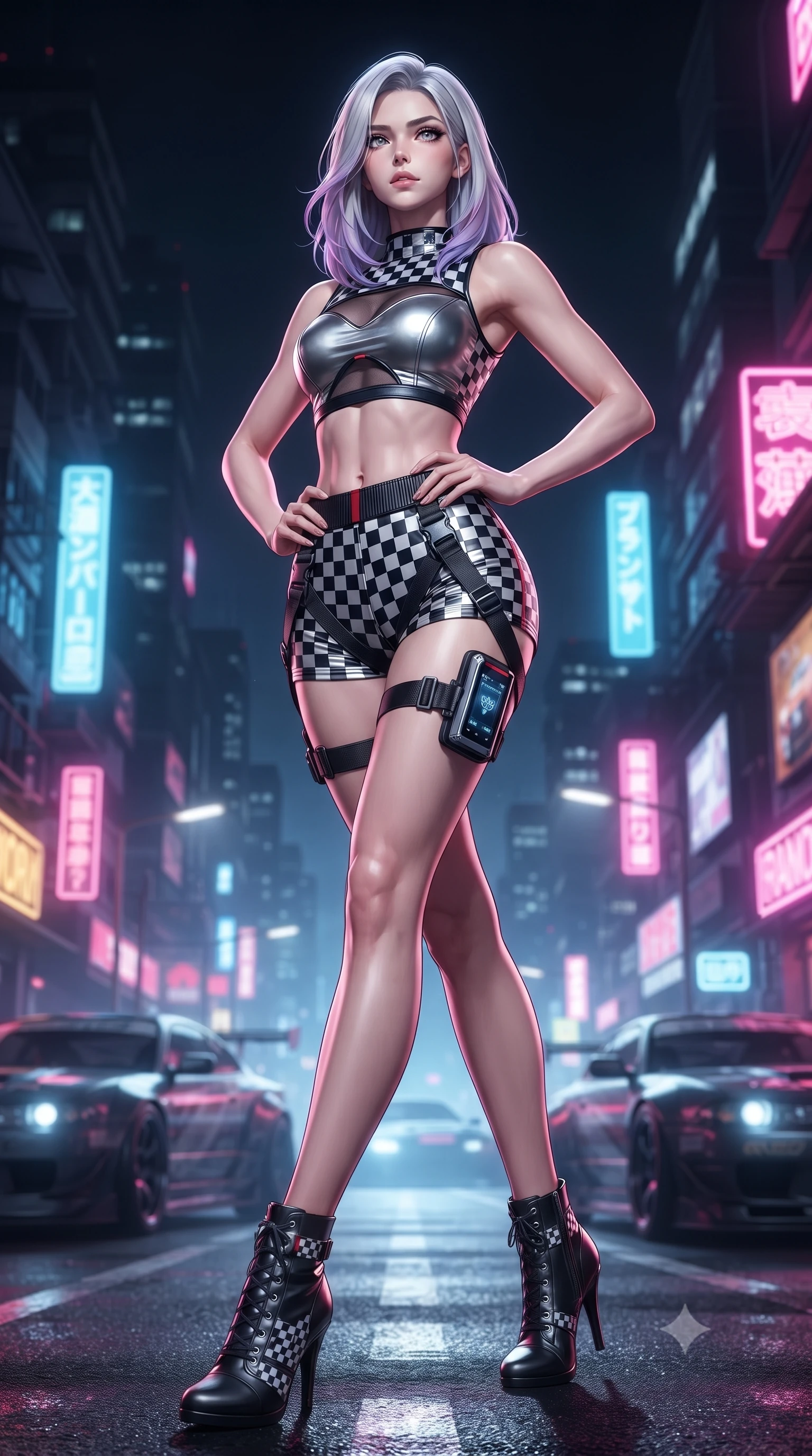 score_9, masterpiece, best quality, ultra-detailed, high-budget anime keyframe, editorial fashion photography, tasteful artistic composition, Caucasian woman. low angle full-body shot from head to toe showing her feet, filling the entire 9:16 vertical frame with her statuesque presence, stretching her vertical silhouette. striding forward in a proud, dynamic supermodel runway stride, hips swaying in an alluring kinetic rhythm that stretches her silhouette while twisting her athletic torso in an alluring S-curve while resting both hands on her hips, looking past the camera with fearless allure. The surrounding environment is rendered in vivid detail and crisp panoramic clarity. intense neon-noir chiaroscuro and exhilarating urban drift culture aesthetics rendered with precision. She has an absolutely perfect, statuesque 8.5-heads proportion, an exceptionally tall and slender model-like female figure with impossibly long slender legs, a toned flat midriff, and an ultra-slim waist. sharp v-shaped jawline, high-bridge nose, intricate jewel-like eyes with depth, thick eyelashes, glossy parted lips with a natural sheen, intensely captivating and seductive expression, flawlessly proportioned anatomical accuracy, strict slender model proportions, natural body alignment, perfectly sculpted long slender limbs, ultra-slim waistline, clean dynamic posture without body distortion. wearing a metallic leather crop tank with high-waist track shorts and tactical leg harness straps in monochrome checkerboard black and white with red accents, made of stretchy athletic knit with sheer mesh cutout inserts, equipped with a sleek thigh-mounted telemetry display and tactical harness, the athletic second-skin cut highlighting her toned flat midriff and slender model proportions during dynamic action. illuminated by crisp directional rim lighting sharply defining her razor-sharp jawline and feminine curves. ultra-reflective glossy finish, specular highlights, rich textural contrasts, high-contrast stereoscopic depth, volumetric dynamic lighting, 2k, ultra detail, master piece, 9:16 ratio