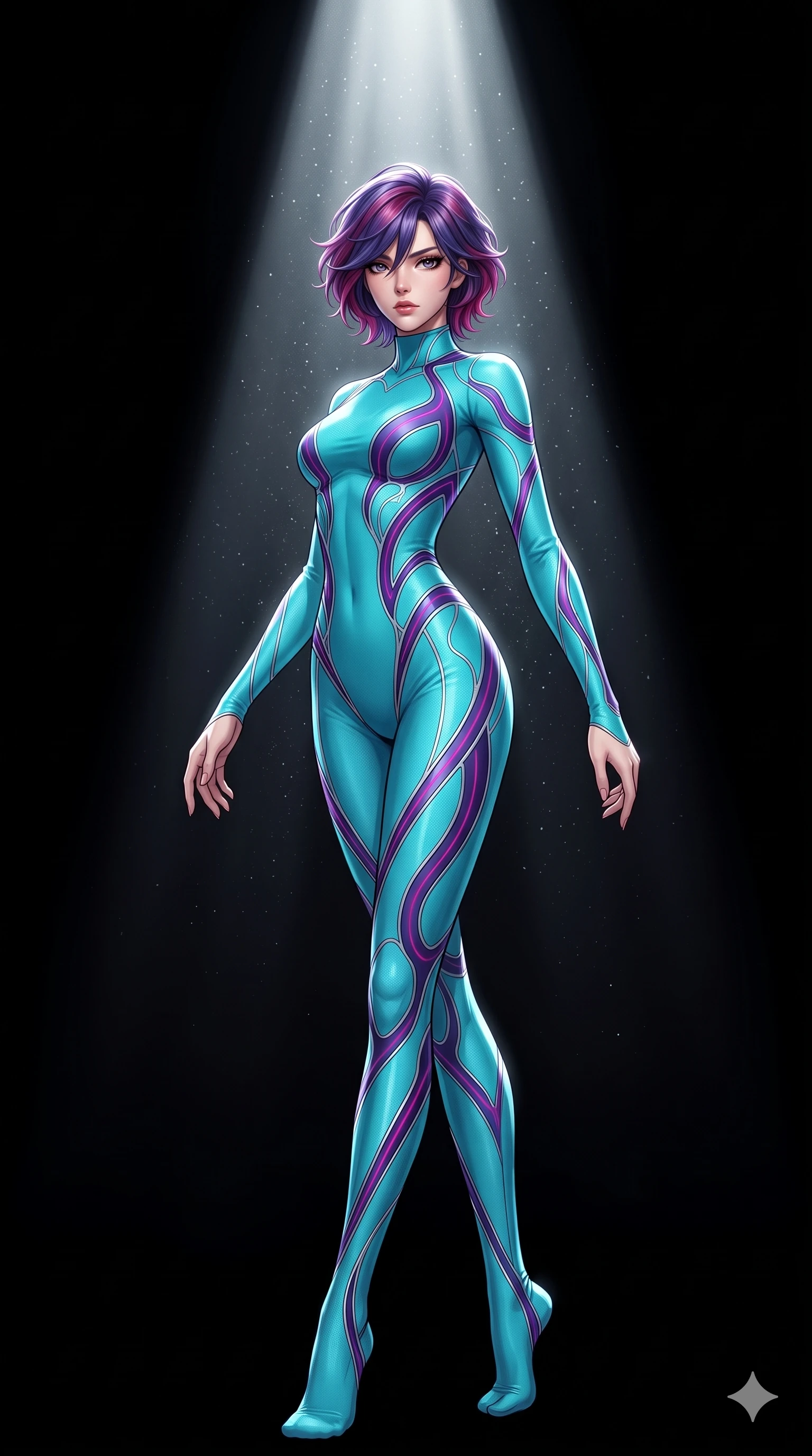 score_9, masterpiece, best quality, ultra-detailed, high-budget anime keyframe, editorial fashion photography, tasteful artistic composition, Korean woman. low angle full-body shot from head to toe showing her feet, filling the entire 9:16 vertical frame with her statuesque presence, stretching her vertical silhouette. twirling with balletic elegance inside a pure dramatic infinite black void with nothing but a single powerful cinematic spotlight creating a perfect cone of light and stark absolute contrast between illumination and total darkness. She has a statuesque 8.5-heads proportion, an exceptionally tall, slender and willowy model-like build with impossibly long legs and a highly sculpted ultra-slim waist. sharp v-shaped jawline, high-bridge nose, intricate jewel-like eyes with depth, thick eyelashes, glossy lips with a natural sheen. wearing a precision-tailored catsuit in a vibrant turquoise stretch fabric, featuring long sleeves and a high collar that highlights her slender neck. a single intense white spotlight from directly above creating dramatic fall-off into complete darkness with sharp-edged light cone and volumetric dust particles visible in the beam. 2k, ultra detail, master piece, 9:16 ratio