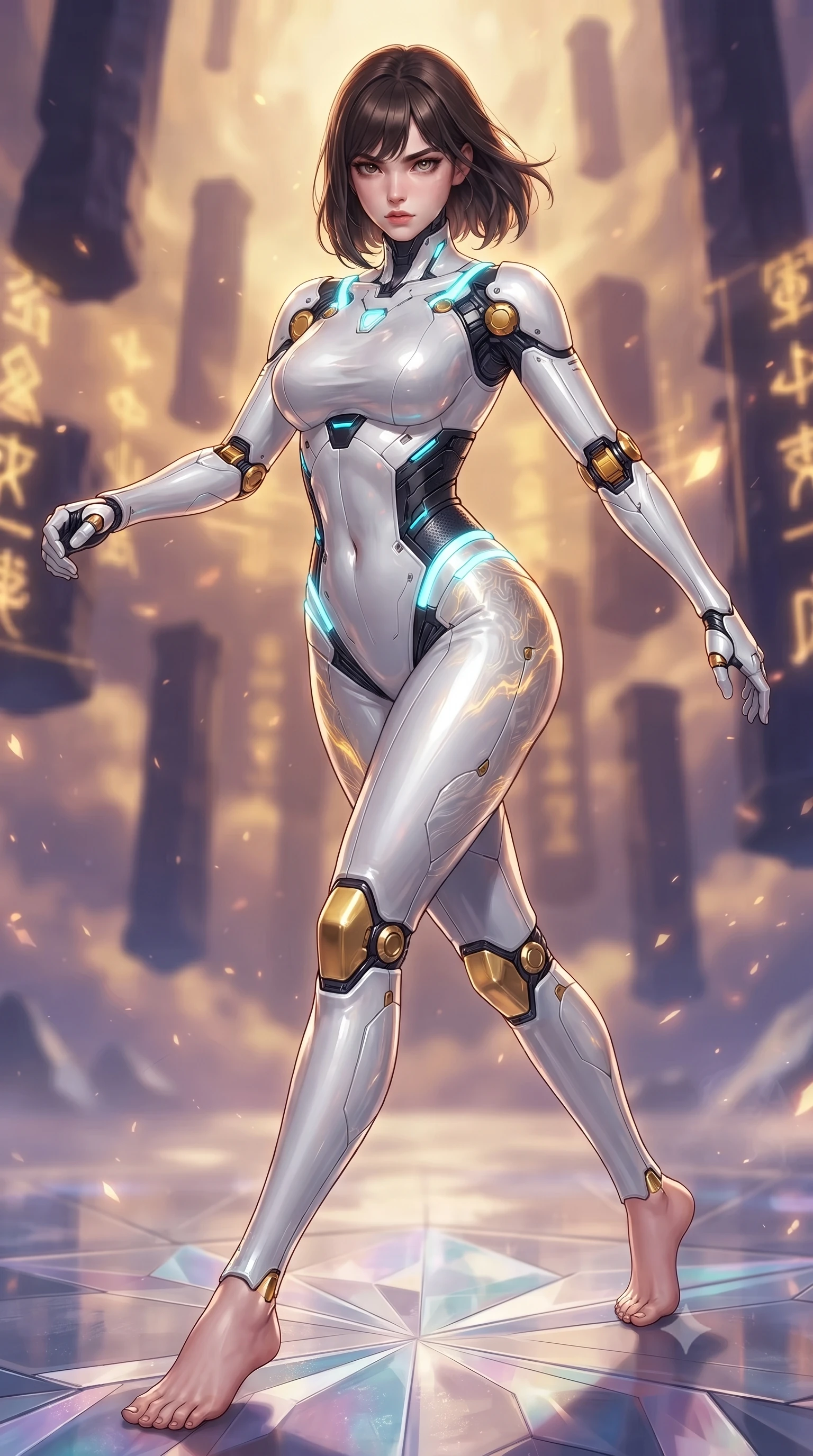 score_9, masterpiece, best quality, ultra-detailed, high-budget anime keyframe, editorial fashion photography, tasteful artistic composition, Korean woman. low angle full-body shot from head to toe showing her feet, filling the entire 9:16 vertical frame with her statuesque presence, stretching her vertical silhouette. striding forward with sovereign warrior elegance in a low, predatory combat advance, hips swaying with fierce athletic poise from head to toe while arching her spine in a fluid zero-gravity turn as golden energy waves pulse through the Damascus-pattern carbon weave of her suit. The composition keeps background elements in soft focus with creamy bokeh. floating obsidian temple pillars and golden holographic glyphs blurred into rich amber, gold, and violet bokeh. She has an absolutely perfect, statuesque 8.5-heads proportion, an exceptionally tall and slender model-like female figure with impossibly long slender legs, a toned flat midriff, and an ultra-slim waist. sharp v-shaped jawline, high-bridge nose, intricate jewel-like eyes with depth, thick eyelashes, glossy lips with a natural sheen, flawlessly proportioned anatomical accuracy, strict slender model proportions, natural body alignment, perfectly sculpted long slender limbs, ultra-slim waistline, clean dynamic posture without body distortion. wearing a form-contouring arctic white carbon-composite martial arts leotard with solar gold articulation joints and diagonal midriff vents in matte obsidian carbon black with electric cyan conduits, formed from high-gloss patent carbon-plating with specular chiaroscuro reflections, accented with glowing fiber-optic conduits tracing her collarbones and hip curves, the sleek second-skin cut tightly hugging her graceful clavicle, narrow waist, and feminine curves with athletic precision. surrounded by an awe-inspiring, ancient, and radiantly transcendent martial muse sovereignty aura. ultra-reflective glossy finish, specular highlights, dark metallic sheen, high-contrast stereoscopic depth, volumetric dynamic lighting, 2k, ultra detail, master piece, 9:16 ratio