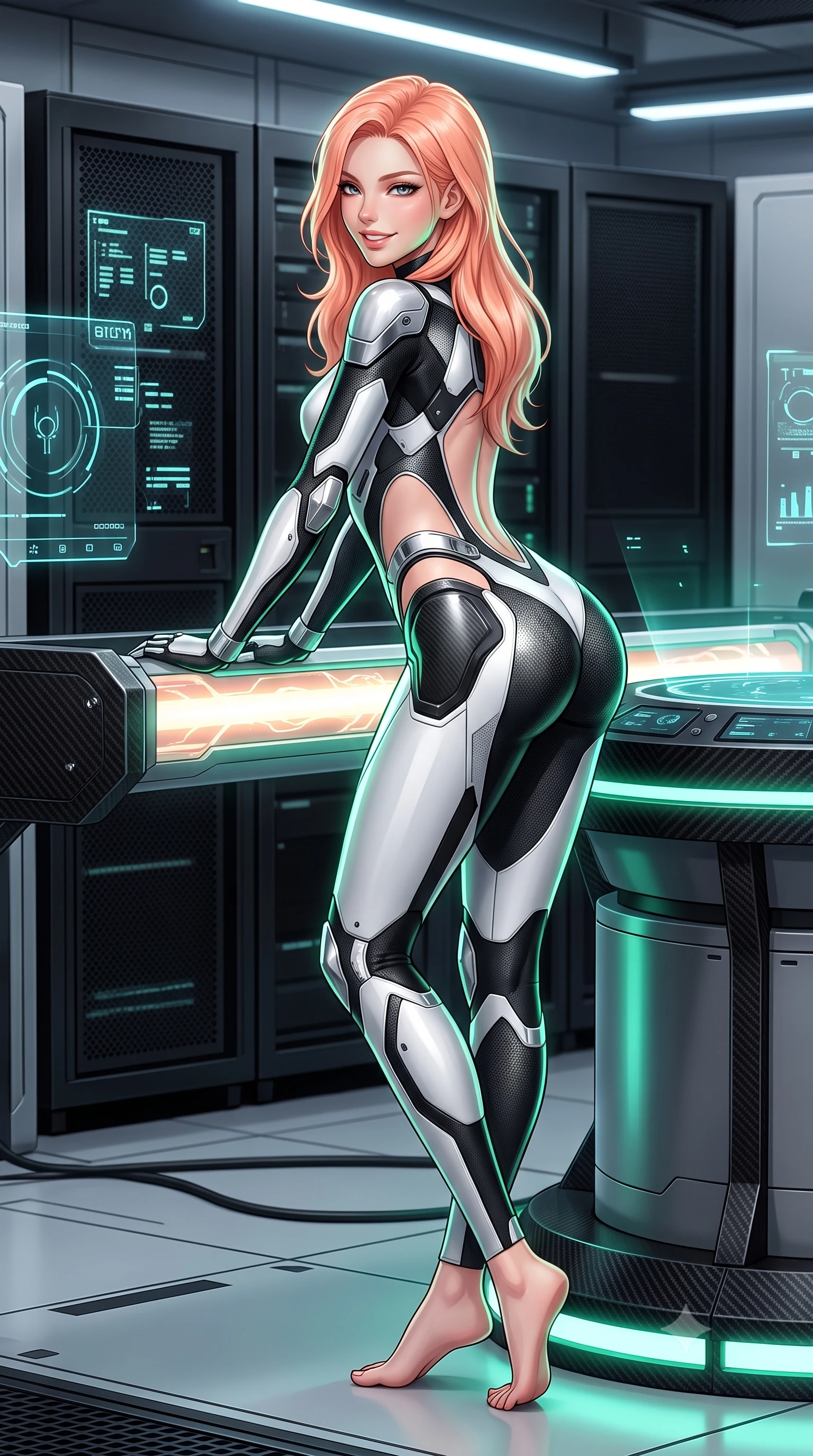 score_9, masterpiece, best quality, ultra-detailed, high-budget anime keyframe, semi-realistic 3D game render, editorial fashion photography, tasteful artistic composition, Japanese woman. low angle full-body shot from head to toe showing her feet, filling the entire 9:16 vertical frame with her statuesque presence, stretching her vertical silhouette. leaning deep against the glowing energy conduit with hips cocked back in an unapologetically alluring high-fashion stance, flashing a warm beaming smile while leaning against the circular tactical holotank console with hips cocked back, looking over her shoulder with a sharp, devastating bedroom-gaze. The surrounding environment is rendered in vivid detail and crisp panoramic clarity: sharp holographic interface glyphs, matte black server rack vents, and carbon fiber console framing in deep focus. She has an absolutely perfect, statuesque 8.5-heads proportion, an exceptionally tall and slender model-like female figure with impossibly long slender legs, an ultra-slim waist, a flat toned midriff, narrow delicate ribcage, and beautifully sculpted feminine hips creating a graceful, slim hourglass silhouette without any bulky heaviness. sharp v-shaped jawline, high-bridge nose, intricate jewel-like sparkling eyes with depth, thick eyelashes, glossy parted lips with a natural sheen, bright confident smile with an enchanting and coquettish sensual glint, exuding both youthful magnetic charm and sovereign high-tech allure, flawlessly proportioned anatomical accuracy, strict slender model proportions, natural body alignment, perfectly sculpted long slender limbs, ultra-slim waistline, clean dynamic posture without body distortion. wearing a second-skin cybernetic stealth suit with active-camo optical mesh and sculpted carbon hip guards in dual-tone high-contrast monochrome black and stark white, tailored from brushed aeronautical titanium alloy with matte satin sheen, accented with strategically placed chrome armor plate guards covering key curves, the precision-cut side openings and low-back scoop framing her graceful spine and the sensual sweep of her slim, toned hips. illuminated by glowing console underlights and crisp emerald rim lighting sharply carving her razor-sharp jawline, narrow waist, and curvy hips. highly saturated vibrant anime colors, detailed shading with soft gradients, rich glossy textures, high-contrast stereoscopic depth, volumetric dynamic lighting, master piece, 9:16 ratio
