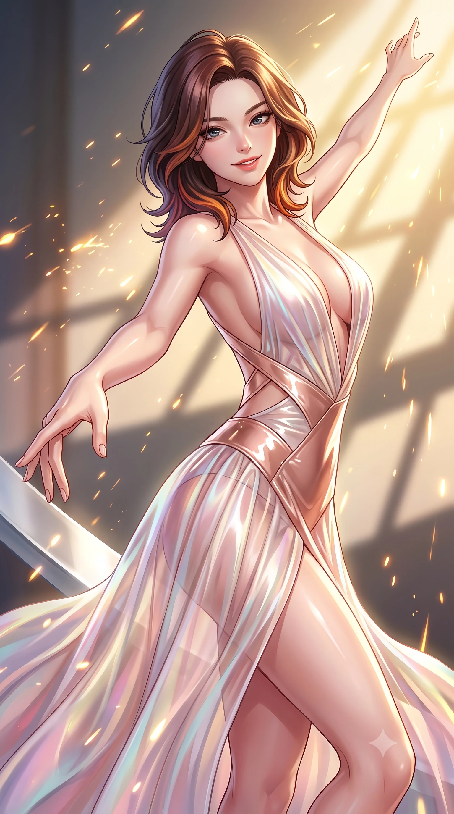 score_9, masterpiece, best quality, ultra-detailed, high-budget anime keyframe, editorial fashion photography, tasteful artistic composition, Korean woman. close-up cowboy shot from the waist and thighs up, the character dominates the composition, filling the frame with her large presence, background elements kept in soft focus. Extending one arm in an elegant stretch toward the light while smiling with magnetic self-assurance while reaching one arm gracefully toward the camera while balancing on a floating platinum beam, blazing solar flare sparks falling like a golden shower around her statuesque figure. She has an exceptionally elegant, slender, and willowy female figure with an ultra-slim waist, a gracefully sculpted slender torso, and a refined silhouette. sharp v-shaped jawline, high-bridge nose, intricate jewel-like eyes with depth, thick eyelashes, glossy lips with a natural sheen, flawlessly proportioned anatomical accuracy, natural body alignment, perfectly sculpted elegant limbs, clean dynamic posture without body distortion. wearing a translucent iridescent chiffon gown with a plunging neckline and open back in pearl white and rose gold, tailored from high-gloss patent leather, complemented by criss-cross back straps highlighting her bare shoulders, the elegant draped fit framing her graceful clavicle and slender torso. illuminated by a majestic golden key light casting sharp dynamic shadow grids. highly saturated vibrant anime colors, detailed shading with soft gradients, rich glossy textures, high-contrast stereoscopic depth, volumetric dynamic lighting, master piece, 9:16 ratio