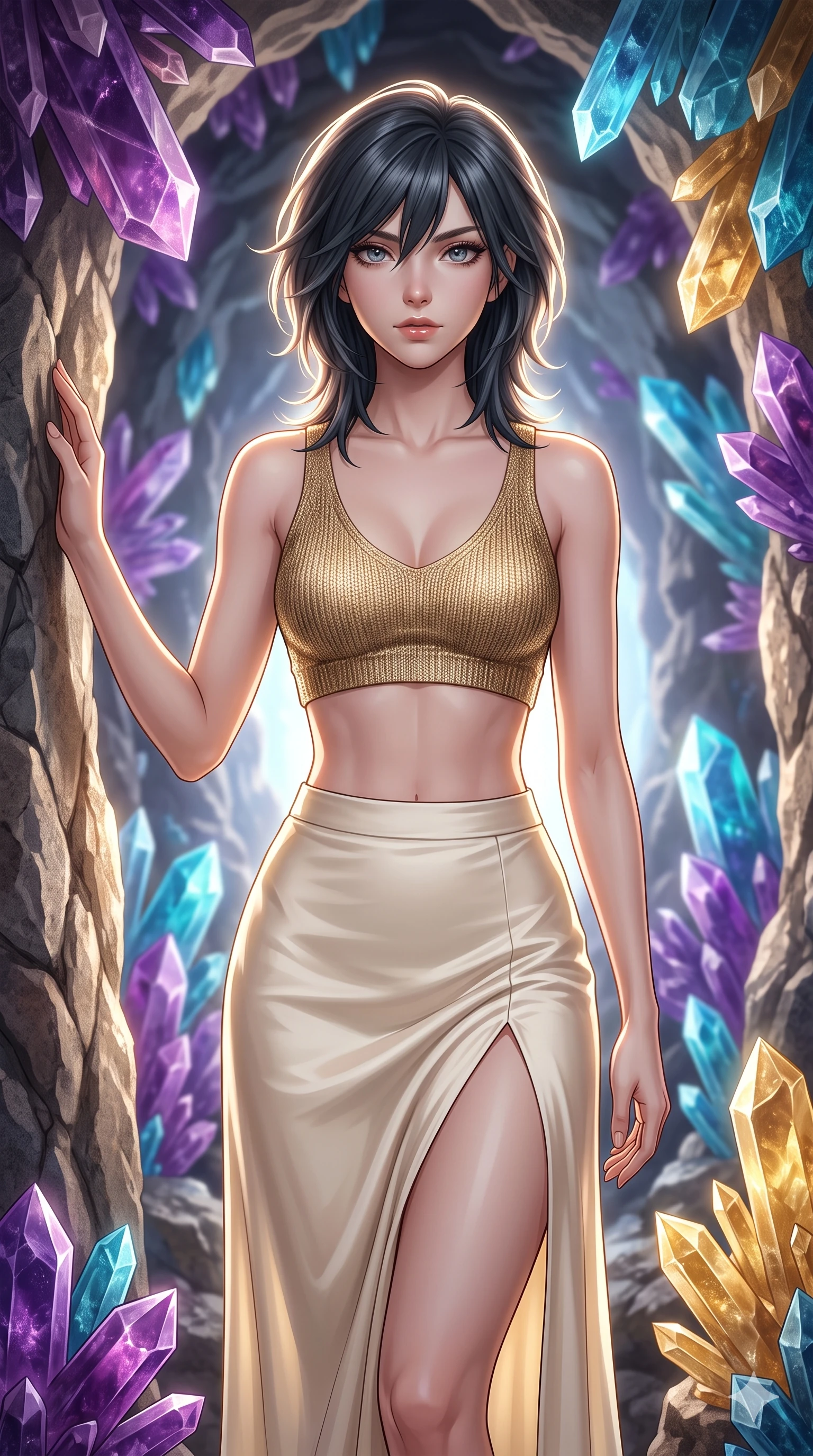 score_9, masterpiece, best quality, ultra-detailed, high-budget anime keyframe, editorial fashion photography, tasteful artistic composition, Caucasian woman, strictly human ears. close-up cowboy shot from the waist and thighs up, the character dominates the composition, filling the frame with her large presence, background elements kept in soft focus. Resting one arm elegantly against a surface with a poised relaxed stance. set against a soft-focus background of deep inside a hollowed-out asteroid whose rough stone walls are lined with enormous crystal formations in every imaginable color from deep violet amethyst to electric blue aquamarine to warm citrine gold. She has an exceptionally elegant and slender, willowy female figure with an ultra-slim waist, a gracefully sculpted slender torso, and a refined slim physique. sharp v-shaped jawline, high-bridge nose, intricate jewel-like eyes with depth, thick eyelashes, glossy lips with a natural sheen. wearing a crop top in a gold metallic knit paired with a high-waisted cream silk skirt featuring a front slit. dramatic backlight creating a radiant halo effect around her entire silhouette. 2k, ultra detail, master piece, 9:16 ratio