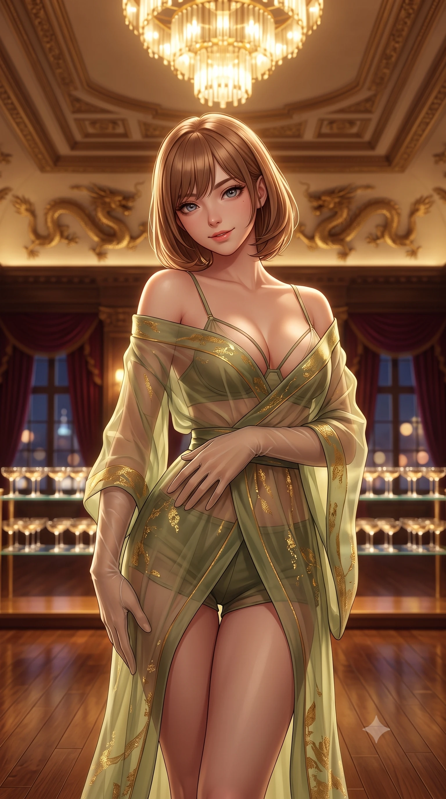 score_9, masterpiece, best quality, ultra-detailed, high-budget anime keyframe, semi-realistic 3D game render, editorial fashion photography, tasteful artistic composition, Caucasian woman. close-up cowboy shot from the waist and thighs up, the character dominates the composition, filling the frame with her large presence. tilting her head with a teasing half-smile, running one hand slowly down the side of her hip in a flirtatious S-curve as ambient light caresses her silhouette while standing centered on the mirror-polished teak ballroom floor beneath the soaring coffered ceiling, arching her spine with queenly supermodel charisma. The background shows a soft-focus gilded plaster dragon bas-reliefs on ceilings, rows of crystal champagne coupes on backlit glass shelves, and moonlit Bund windows blurred into gold, bordeaux, and amber bokeh. She has an exceptionally elegant, slender, and willowy female figure with an ultra-slim waist, flat toned midriff, narrow ribcage, and sculpted feminine hips creating an alluring, slim hourglass silhouette without bulk. sharp v-shaped jawline, high-bridge nose, intricate jewel-like sparkling eyes with depth, thick eyelashes, glossy parted lips with a natural peach sheen, bright cheerful beaming smile with an enchanting and coquettish sensual glint, exuding both youthful cute charm and seductive allure, flawlessly proportioned anatomical accuracy, strict slender model proportions, natural body alignment, perfectly sculpted long slender limbs, ultra-slim waistline, clean dynamic posture without body distortion. wearing an ethereal translucent silk chiffon yukata robe slipping off bare shoulders over a strappy underwire bralette and micro-shorts in Gion antique matcha green and gilded gold leaf, made of sheer gossamer chiffon that drapes softly against skin with airy translucence, complemented by sheer opera-length evening gloves tracing her slender arms, the precision-cut side openings and low-back scoop framing her graceful spine and the sensual sweep of her slim, toned hips. bathed in the opulent golden 2600K radiance of multi-tiered Art Deco chandeliers dimmed to an intimate evening glow. highly saturated vibrant anime colors, detailed shading with soft gradients, rich glossy textures, high-contrast stereoscopic depth, volumetric dynamic lighting, master piece, 9:16 ratio