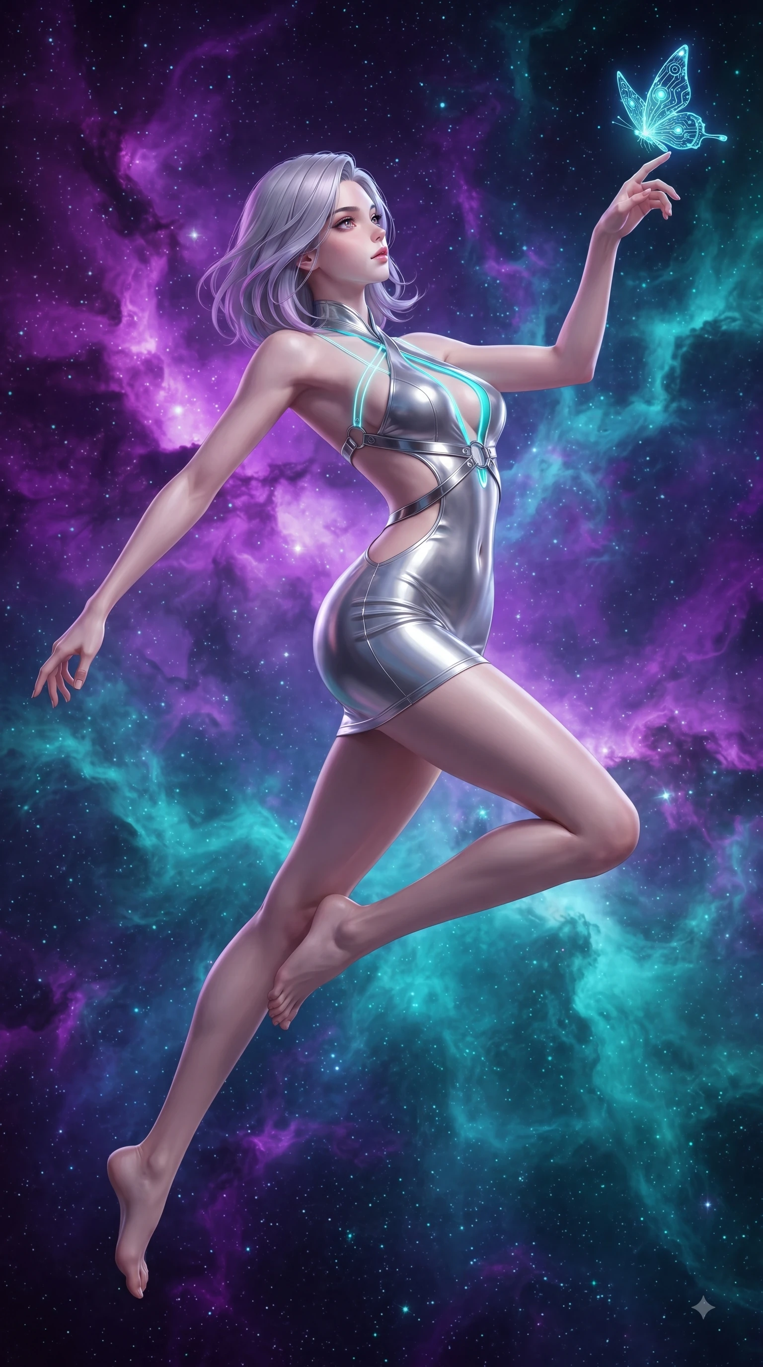 score_9, masterpiece, best quality, ultra-detailed, high-budget anime keyframe, editorial fashion photography, tasteful artistic composition, Caucasian woman. low angle full-body shot from head to toe showing her feet, filling the entire 9:16 vertical frame with her statuesque presence, stretching her vertical silhouette. leaping through mid-air with an athletic yet alluring arch of her spine, her impossibly long slender legs stretched in flawless poise while reaching one arm out to let a bioluminescent digital butterfly land on her finger with a captivating gaze. The surrounding environment is rendered in vivid detail and crisp panoramic clarity. rich purple and turquoise cosmic gas textures rendered with environmental clarity. She has an absolutely perfect, statuesque 8.5-heads proportion, an exceptionally tall and slender model-like female figure with impossibly long slender legs and an ultra-slim waist. sharp v-shaped jawline, high-bridge nose, intricate jewel-like eyes with depth, thick eyelashes, glossy lips with a natural sheen, flawlessly proportioned anatomical accuracy, natural body alignment, perfectly sculpted elegant limbs, clean dynamic posture without body distortion. wearing a molten silver liquid-metal mini dress featuring deep side-waist cutouts and a daring crossover halter neckline in liquid mercury silver and glowing electric cyan, crafted from ultra-reflective second-skin latex with a glass-like polish, reinforced by a sleek metallic chrome harness and delicate glowing micro-straps, the glove-like fit tightly following every curve of her statuesque athletic build. surrounded by an enchanting, weightless, and dreamily sensual cosmic atmosphere. ultra-reflective glossy finish, specular highlights, metallic sheen, high-contrast stereoscopic depth, volumetric dynamic lighting, 2k, ultra detail, master piece, 9:16 ratio
