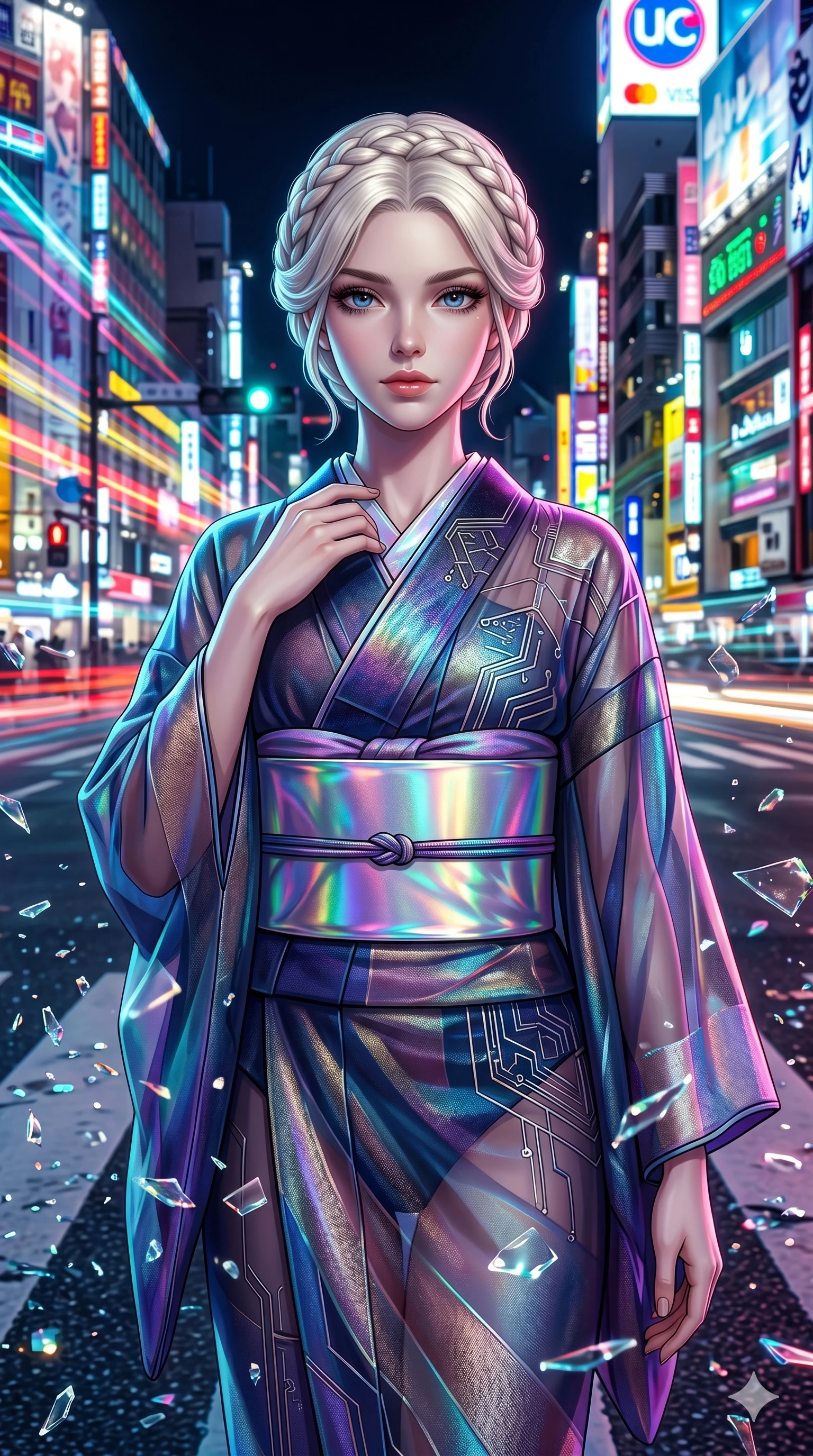 score_9, masterpiece, best quality, ultra-detailed, Set A: Photorealistic 8k CG, Japanese woman. Upper body close-up from the thighs up, character filling the screen for maximum presence. Standing in the middle of a busy intersection as time freezes and city lights turn into colorful streaks. She has an absolutely perfect 8-heads proportion, an exceptionally tall and slender female figure with an ultra-slim waist and calm expression. Sharp v-shaped jawline, high-bridge nose, intricate jewel-like eyes with depth, thick eyelashes, glossy lips. Wearing a Modern Traditional outfit: tech-kimono with a holographic obi and transparent silk panels. Background is a bright and colorful city night with blurred neon traffic and floating glass debris. 2k, ultra detail, master piece, 9:16 ratio