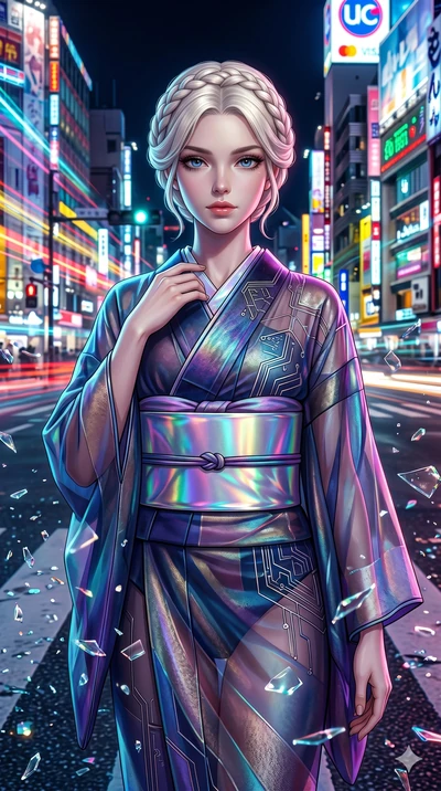 score_9, masterpiece, best quality, ultra-detailed, Set A: Photorealistic 8k CG, Japanese woman. Upper body close-up from the thighs up, character filling the screen for maximum presence. Standing in the middle of a busy intersection as time freezes 