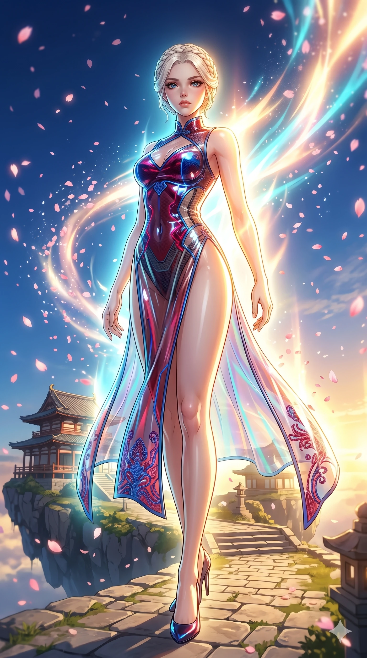 score_9, masterpiece, best quality, ultra-detailed, High-budget Anime Keyframe, vibrant colors, fluid line-art, expressive lighting, cinematic composition, Ufotable-style visual effects, top-tier animation quality, Japanese woman with delicate and elegant anime-inspired features. Cinematic low angle perspective showcasing her towering height and perfect 8-heads proportion. Transcending her physical form in a sudden flash of divine light, her silhouette becoming a being of pure energy. She has an absolutely perfect 8-heads proportion, an exceptionally tall and slender female figure with impossibly long slender legs and an ultra-slim waist, her statuesque height and towering silhouette dominating the vertical 9:16 frame. Her face is a masterpiece featuring a sharp v-shaped jawline, high-bridge nose, intricate jewel-like eyes with depth, thick eyelashes, and glossy lips with a natural sheen. She is wearing a Cyberpunk neon-lit qipao with a dangerous high slit and intricate digital embroidery crafted from Transparent PVC with a high-gloss finish that reveals the intricate layers beneath, with sheer fabric transparency over her delicate curves and a high-cut silhouette. The scene is set in an ancient floating island with pink cherry blossoms falling like snow against a blue sky, illuminated by golden hour sunlight that gives her skin a warm, radiant glow. 2k, ultra detail, master piece, 9:16 ratio