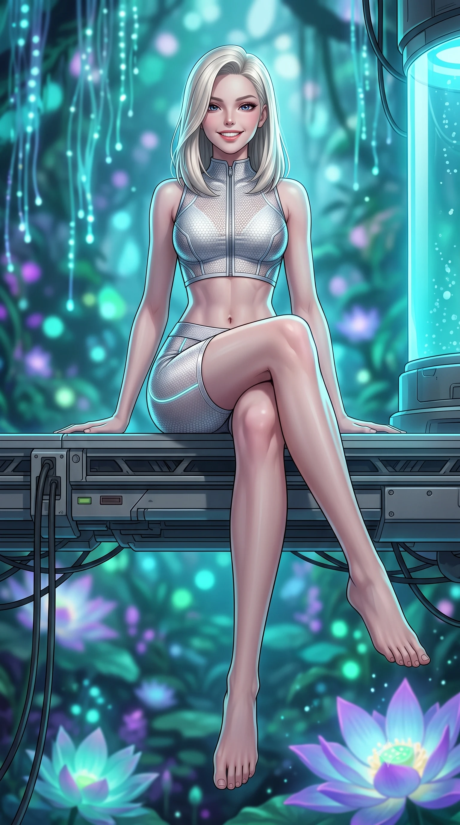 score_9, masterpiece, best quality, ultra-detailed, high-budget anime keyframe, semi-realistic 3D game render, editorial fashion photography, tasteful artistic composition, Caucasian woman. low angle full-body shot from head to toe showing her feet, filling the entire 9:16 vertical frame with her statuesque presence, stretching her vertical silhouette. sitting perched on the elevated maintenance gantry edge with legs crossed and hips angled toward the camera, displaying her toned midriff and long slender limbs with joyful, coquettish charm while sitting gracefully on the edge of an elevated botanical gantry with legs crossed, her futuristic suit glowing softly in the dark jungle. The background shows a soft-focus cascading bioluminescent tendrils and towering alien lotus blossoms blurred into vibrant turquoise, jade, and ultraviolet bokeh. She has an absolutely perfect, statuesque 8.5-heads proportion, an exceptionally tall and slender model-like female figure with impossibly long slender legs, an ultra-slim waist, a flat toned midriff, narrow delicate ribcage, and beautifully sculpted feminine hips creating a graceful, slim hourglass silhouette without any bulky heaviness. sharp v-shaped jawline, high-bridge nose, intricate jewel-like sparkling eyes with depth, thick eyelashes, glossy parted lips with a natural sheen, bright confident smile with an enchanting and coquettish sensual glint, exuding both youthful magnetic charm and sovereign high-tech allure, flawlessly proportioned anatomical accuracy, strict slender model proportions, natural body alignment, perfectly sculpted long slender limbs, ultra-slim waistline, clean dynamic posture without body distortion. wearing a sleek two-piece combat athletic set with a zip-front mock-neck crop top and contouring biker shorts hugging her curvy hips in pure alabaster white and brushed silver accents, woven from delicate semi-opaque high-tensile nano-mesh with intricate hexagonal micro-patterns, finished with delicate carbon-fiber boning framing the narrow waistline, the form-fitting tactical tailoring adhering flawlessly to her sculpted flat midriff and slender torso, emphasizing her long leg lines and perfectly proportioned willowy build. illuminated by nutrient tank glows and sharp cyan rim lights defining her sculpted collarbones, ultra-slim waist, and curvy hips. highly saturated vibrant anime colors, detailed shading with soft gradients, rich glossy textures, high-contrast stereoscopic depth, volumetric dynamic lighting, master piece, 9:16 ratio