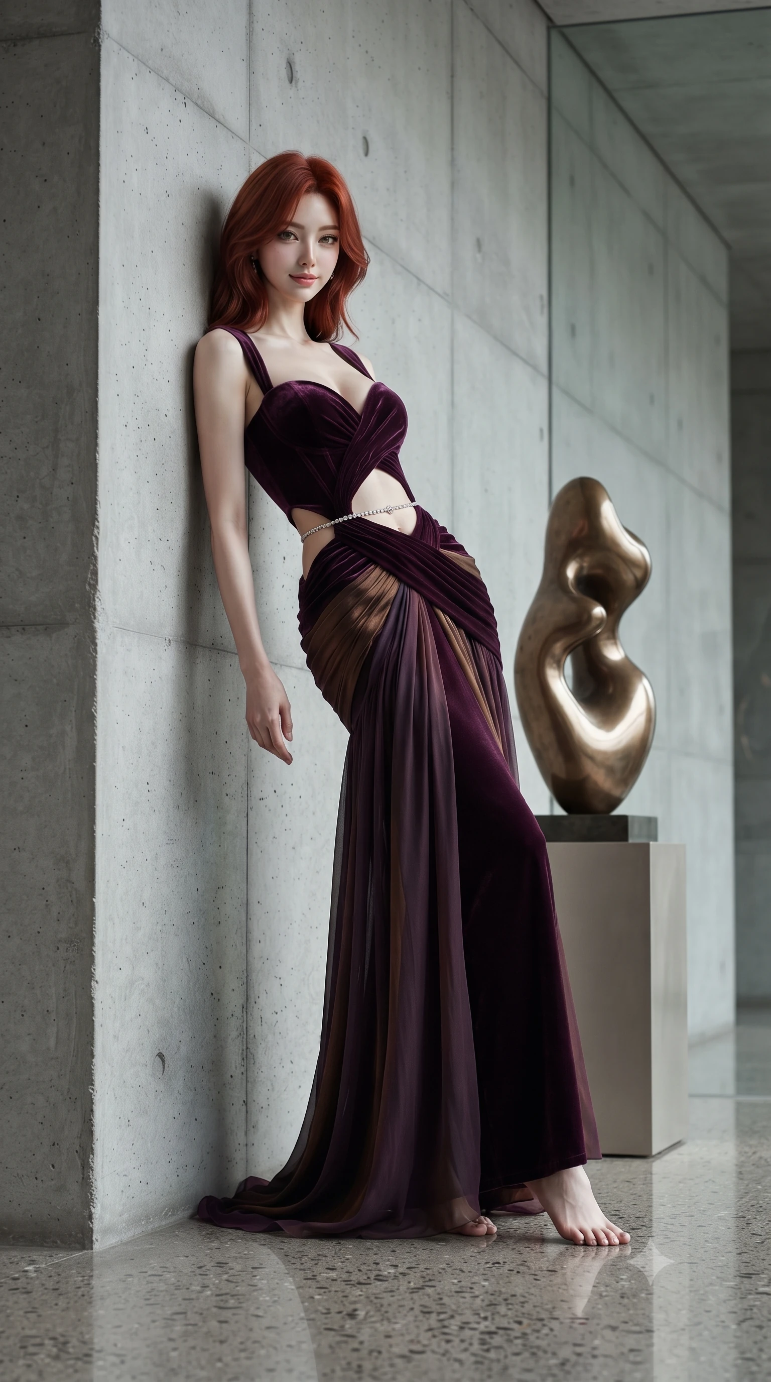score_9, masterpiece, best quality, ultra-detailed, high-budget anime keyframe, editorial fashion photography, tasteful artistic composition, Korean woman. low angle full-body shot from head to toe showing her feet, filling the entire 9:16 vertical frame with her statuesque presence, stretching her vertical silhouette. leaning deep against the structural architecture with hips cocked in an unapologetically bold, seductive high-fashion stance while standing poised beside a polished bronze abstract sculpture, twisting her slender torso in an alluring contrapposto stance in the cool Nordic light. The surrounding environment is rendered in vivid detail and crisp panoramic clarity. sharp raw concrete board-texture seams, polished terrazzo floor reflections, and frameless glass edges in deep focus. She has an exceptionally tall and slender model-like 8.5-heads proportion, an ultra-slim waist, a flat toned midriff, narrow delicate ribcage, and beautifully sculpted feminine hips creating a graceful, slim hourglass silhouette without any bulky heaviness, with impossibly long slender legs. sharp v-shaped jawline, high-bridge nose, intricate jewel-like eyes with depth, thick eyelashes, glossy parted lips with a natural sheen, intensely captivating and seductive bedroom-eyes expression, flawlessly proportioned anatomical accuracy, strict slender model proportions, natural body alignment, perfectly sculpted long slender limbs, ultra-slim waistline, clean dynamic posture without body distortion. wearing a deep sweetheart neckline crushed velvet corseted ballgown with an exposed midriff cutout in deep plum violet and antique bronze, woven from layered gossamer chiffon with a weightless sweeping drape, accented with a dainty diamond waist chain catching the ambient light reflections, the second-skin form-contouring cut accentuating her sculpted flat midriff, narrow delicate ribcage, and gracefully curvy hips with supermodel precision. bathed in pure, diffused Scandinavian overcast daylight filtering through monumental glass walls. ultra-reflective glossy finish, specular highlights, rich textural contrasts, high-contrast stereoscopic depth, volumetric dynamic lighting, 2k, ultra detail, master piece, 9:16 ratio