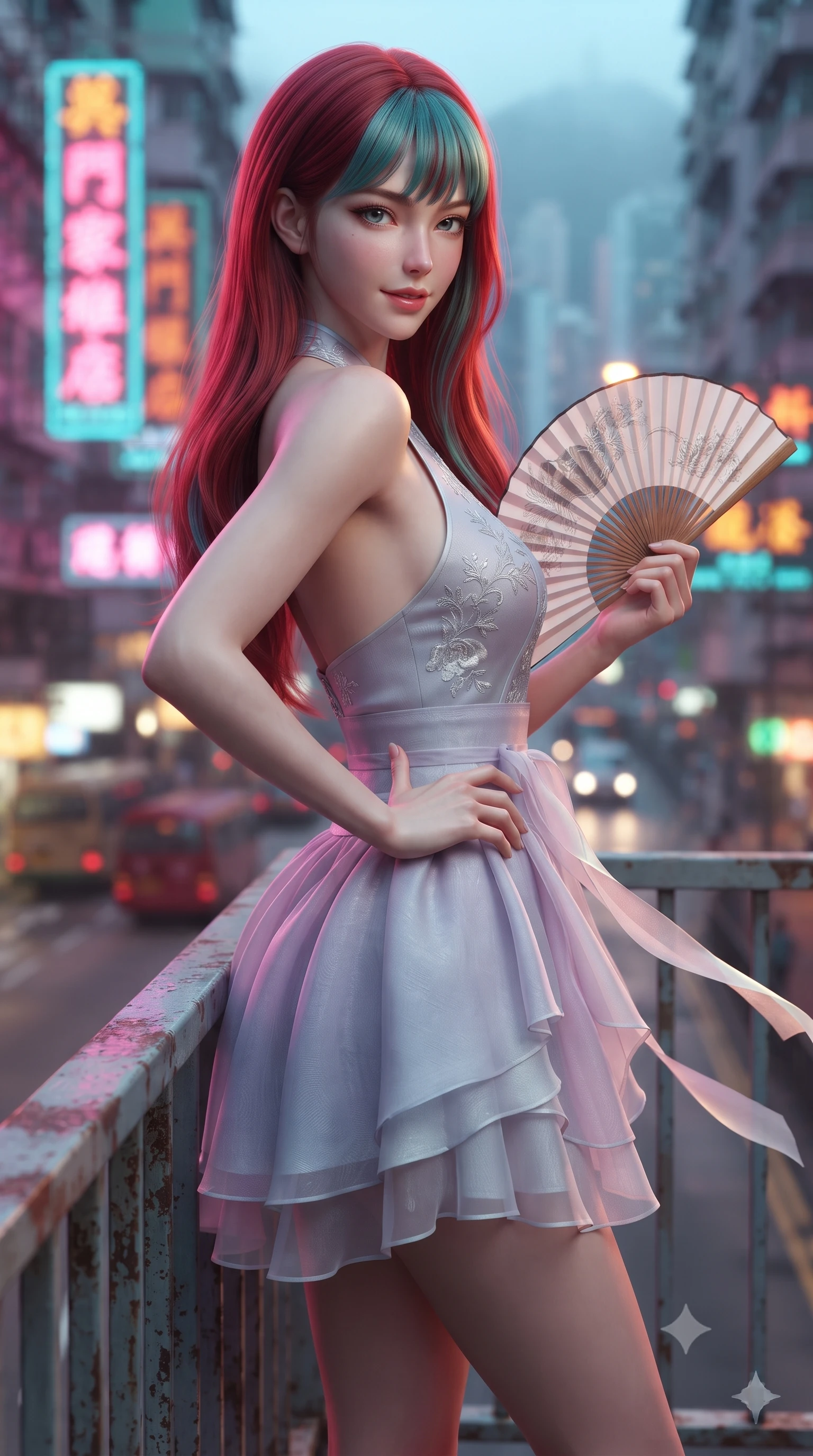 score_9, masterpiece, best quality, ultra-detailed, high-budget anime keyframe, editorial fashion photography, tasteful artistic composition, Caucasian woman. close-up cowboy shot from the waist and thighs up, the character dominates the composition, filling the frame with her large presence. twisting her slender torso in an alluring contrapposto stance, one hand resting on her sculpted hip while holding a traditional silk folding fan with effortless poise while leaning against a weathered steel railing with hips cocked back, looking over a bare shoulder with an alluring, dangerous half-smile into the neon fog. The background shows a soft-focus dizzying vertical kanji neon signs, passing elevated traffic, and mist-veiled Victoria Peak blurred into saturated magenta, cyan, and amber bokeh. She has an exceptionally elegant, slender, and willowy female figure with an ultra-slim waist, flat toned midriff, narrow ribcage, and sculpted feminine hips creating an alluring, slim hourglass silhouette without bulk. sharp v-shaped jawline, high-bridge nose, intricate jewel-like dark sparkling almond eyes with depth, thick lashes, glossy parted lips with a natural rose-plum sheen, bright alluring and coquettish smile with bedroom-eyes, exuding both timeless oriental elegance and sovereign high-fashion allure, flawlessly proportioned anatomical accuracy, strict slender model proportions, natural body alignment, perfectly sculpted long slender limbs, ultra-slim waistline, clean dynamic posture without body distortion. wearing a modern halter-neck fusion hanbok bodice with delicate silver embroidery and a fluttering layered chiffon wrap mini skirt in frosted lilac mist and pearlescent alabaster, tailored from smooth celadon raw silk with natural organic slub texture, accented with flowing gossamer silk ribbons that flutter dynamically in the evening breeze, the high-waisted wrap tailoring accentuating her ultra-slim waistline and the enchanting curve of her feminine hips with alluring oriental charm. illuminated by rooftop garden amber accents and sharp laser-cyan rim lighting sculpting her razor-sharp jawline, narrow waist, and curvy hips. ultra-reflective glossy finish, specular highlights, rich textural contrasts, high-contrast stereoscopic depth, volumetric dynamic lighting, 2k, ultra detail, master piece, 9:16 ratio