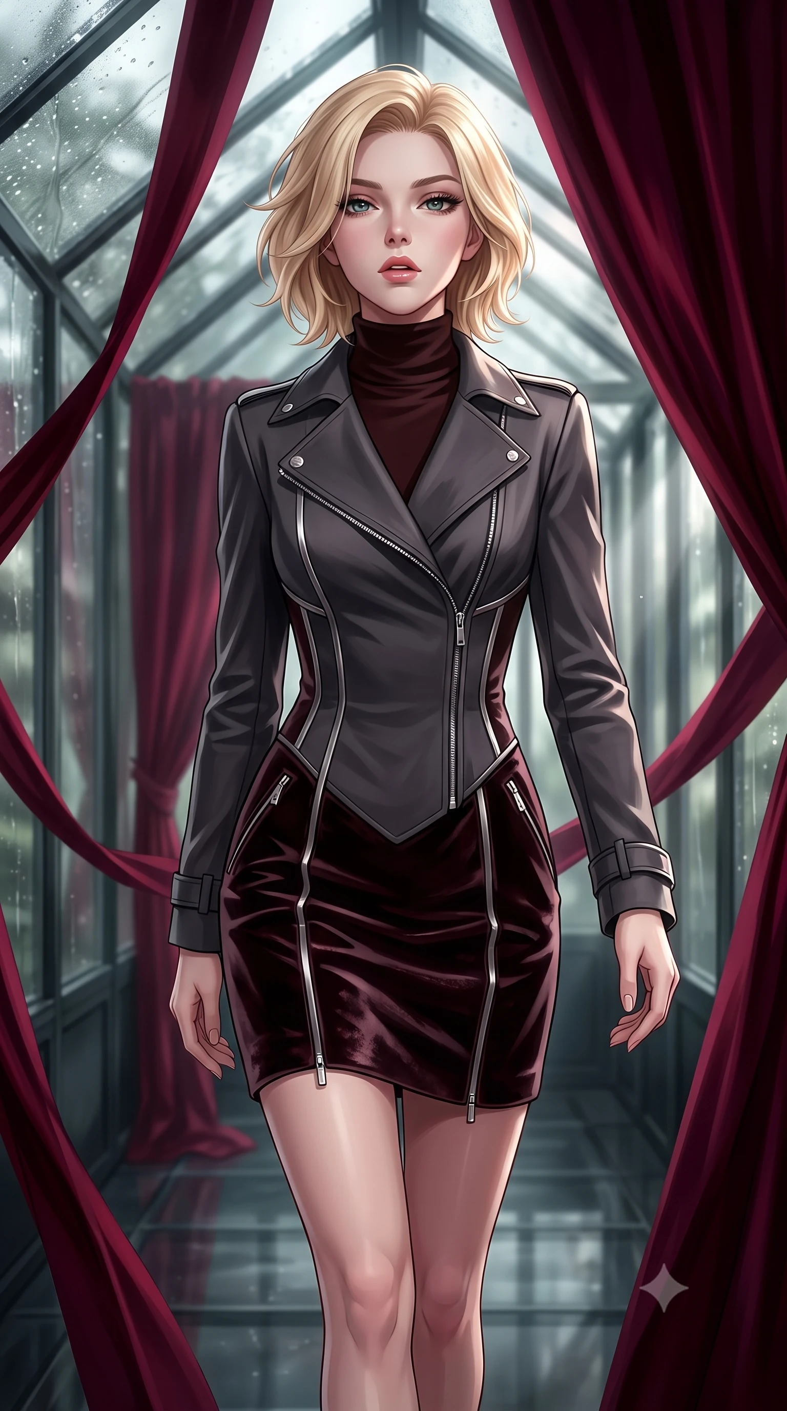 score_9, masterpiece, best quality, ultra-detailed, high-budget anime keyframe, editorial fashion photography, tasteful artistic composition, Caucasian woman. close-up cowboy shot from the waist and thighs up, the character dominates the composition, filling the frame with her large presence, background elements kept in soft focus. Tilting her chin up slightly with lips parted in a composed, magnetic expression, walking down a glass corridor draped in heavy dark crimson silk ribbons, dramatic crimson silk drapery absorbing surrounding light into rich burgundy shadows. She has an exceptionally elegant, slender, and willowy female figure with an ultra-slim waist, a gracefully sculpted slender torso, and a refined silhouette. sharp v-shaped jawline, high-bridge nose, intricate jewel-like eyes with depth, thick eyelashes, glossy lips with a natural sheen. wearing structured charcoal trench dress over sleek turtleneck in dark mahogany, made of crushed dark silk velvet, finished with metallic silver boning and sleek zipper points, accentuating her gracefully sculpted slender torso. lit by piercing key rays filtering through wet conservatory glass. highly saturated vibrant anime colors, detailed shading with soft gradients, rich glossy textures, high-contrast stereoscopic depth, volumetric dynamic lighting, master piece, 9:16 ratio