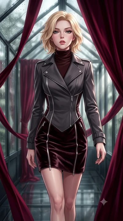score_9, masterpiece, best quality, ultra-detailed, high-budget anime keyframe, editorial fashion photography, tasteful artistic composition, Caucasian woman. close-up cowboy shot from the waist and thighs up, the character dominates the composition,