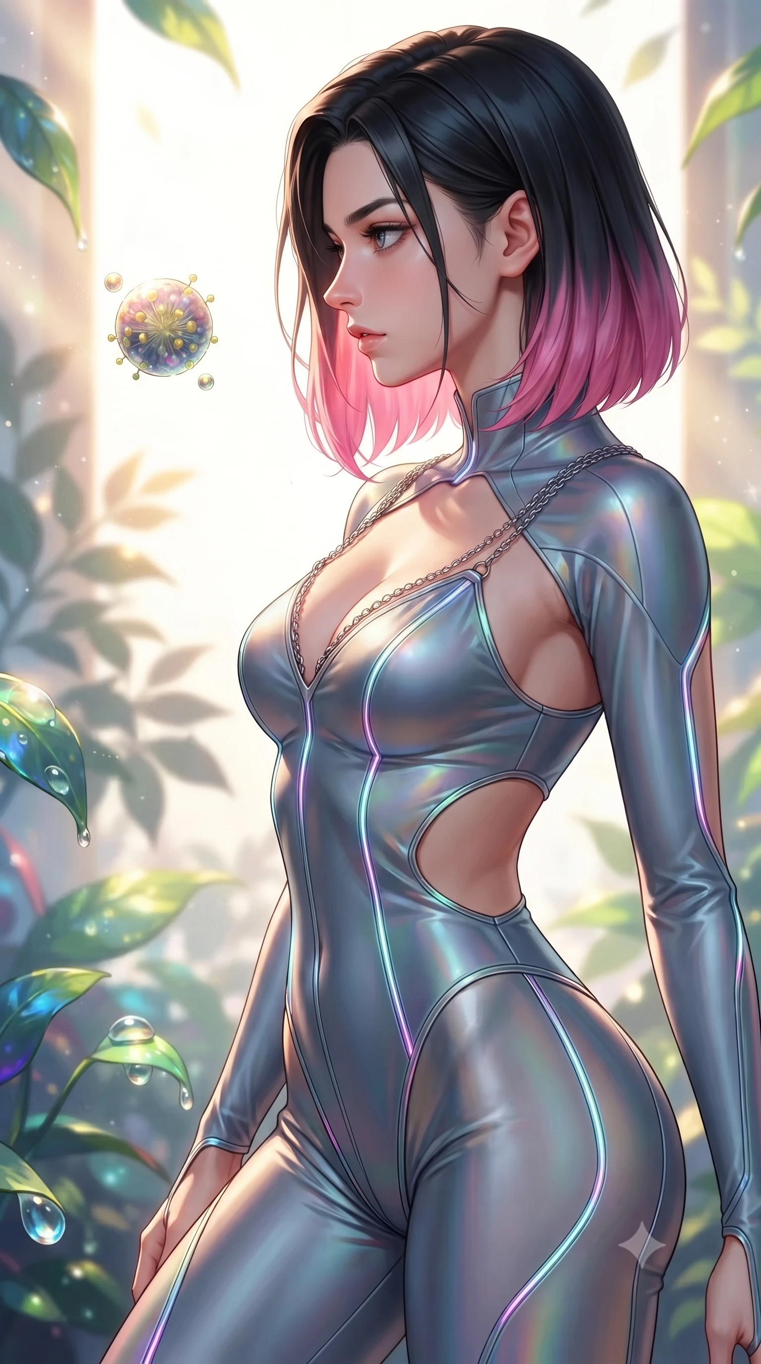 score_9, masterpiece, best quality, ultra-detailed, high-budget anime keyframe, editorial fashion photography, tasteful artistic composition, Korean woman. close-up cowboy shot from the waist and thighs up, the character dominates the composition, filling the frame with her large presence, background elements kept in soft focus. Turning her face in sharp dramatic profile against the bright light, showcasing her sharp v-shaped jawline interacting with a floating biomorphic pollen orb in a sunlit sanctuary, dewdrops on bioluminescent leaves reflecting vibrant emerald and gold. She has an exceptionally elegant, slender, and willowy female figure with an ultra-slim waist, a gracefully sculpted slender torso, and a refined silhouette. sharp v-shaped jawline, high-bridge nose, intricate jewel-like eyes with depth, thick eyelashes, glossy lips with a natural sheen. wearing a skin-tight cybernetic bodysuit with glowing neon seams and side cutouts in slate blue and metallic silver, crafted from iridescent chiffon that shifts colors in the light, adorned with delicate metallic chain straps along the neckline, the tailored fabric tightly following every curve of her athletic build. illuminated by brilliant sunbeams casting organic leaf stencil shadows. highly saturated vibrant anime colors, detailed shading with soft gradients, rich glossy textures, high-contrast stereoscopic depth, volumetric dynamic lighting, master piece, 9:16 ratio
