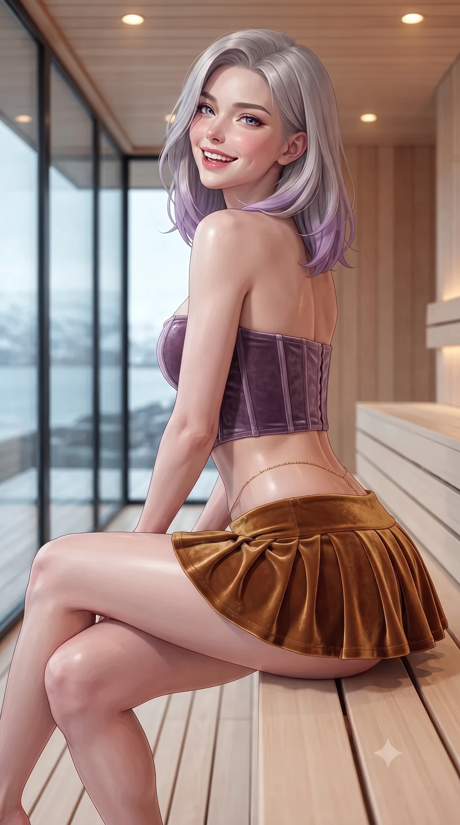 score_9, masterpiece, best quality, ultra-detailed, high-budget anime keyframe, editorial fashion photography, tasteful artistic composition, Caucasian woman. close-up cowboy shot from the waist and thighs up, the character dominates the composition, filling the frame with her large presence. posing in an alluring rear three-quarter angle, looking over a bare shoulder with parted glossy lips, her hips cocked back to highlight her slim hourglass curve while sitting gracefully on the elevated cedar bench with legs crossed and angled, flashing a radiant, playful smile with parted glossy lips. The surrounding environment is rendered in vivid detail and crisp panoramic clarity: detailed garment lines, wet cling or bodycon fit, and minimalist Scandinavian architecture in high resolution. She has an exceptionally elegant, slender, and willowy female figure with an ultra-slim waist, flat toned midriff, narrow ribcage, and sculpted feminine hips creating an alluring, slim hourglass silhouette without bulk. sharp v-shaped jawline, high-bridge nose, intricate jewel-like sparkling eyes with depth, thick eyelashes, glossy parted lips with a natural peach sheen, bright cheerful beaming smile with an enchanting and coquettish sensual glint, exuding both youthful cute charm and seductive allure, flawlessly proportioned anatomical accuracy, strict slender model proportions, natural body alignment, perfectly sculpted long slender limbs, ultra-slim waistline, clean dynamic posture without body distortion. wearing a structured boned velvet bustier top paired with an ultra-short low-rise pleated micro mini skirt in Scottish Highlands heather thistle purple and antique hearth ember gold, tailored from ultra-plush silk velvet with rich tactile depth and deep shadow gradients, accented with a dainty gold belly chain resting across her flat midriff and curving hips, the precision-cut side openings and low-back scoop framing her graceful spine and the sensual sweep of her slim, toned hips. bathed in warm 2200K interior sauna amber downlights contrasted with cool 5500K Arctic oceanic daylight through glass. ultra-reflective glossy finish, specular highlights, rich textural contrasts, high-contrast stereoscopic depth, volumetric dynamic lighting, 2k, ultra detail, master piece, 9:16 ratio