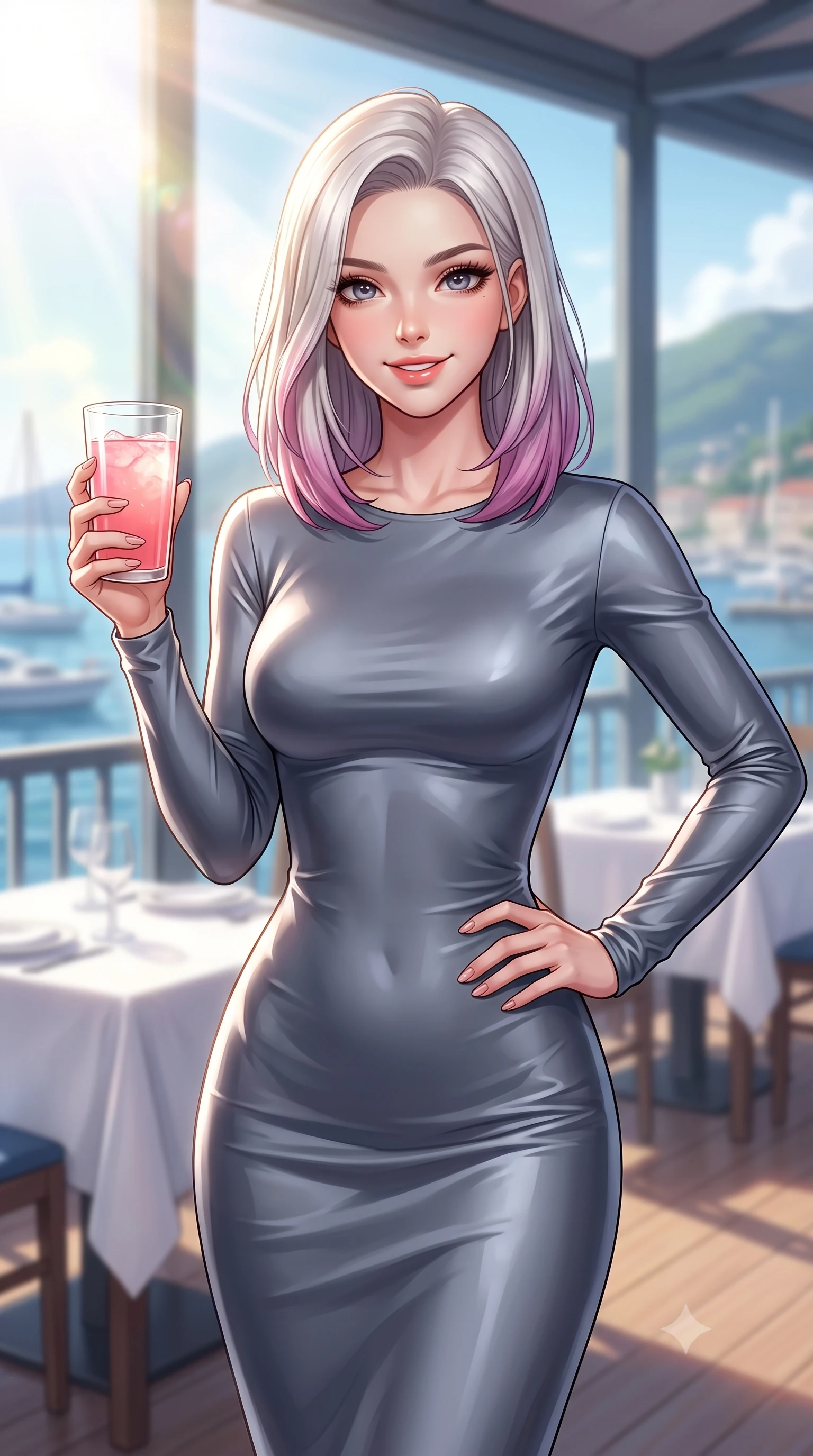 score_9, masterpiece, best quality, ultra-detailed, high-budget anime keyframe, editorial fashion photography, tasteful artistic composition, Caucasian woman. close-up cowboy shot from the waist and thighs up, the character dominates the composition, filling the frame with her large presence, background elements kept in soft focus. smiling with cute and bright self-assurance, looking directly at the viewer set against a soft-focus background of at a seaside restaurant veranda with white tables and views of the harbor holding a glass of pink lemonade with a playful, cute smile. She has an exceptionally elegant, slender, and willowy female figure with an ultra-slim waist, a gracefully sculpted slender torso, and a refined silhouette. sharp v-shaped jawline, high-bridge nose, intricate jewel-like eyes with depth, thick eyelashes, glossy lips with a natural sheen. wearing body-hugging body-hugging long-sleeve silk dress in slate grey, following her form elegantly. bright afternoon sunlight streaming through the large window pane. highly saturated vibrant anime colors, detailed shading with soft gradients, rich glossy textures, high-contrast stereoscopic depth, volumetric dynamic lighting, master piece, 9:16 ratio