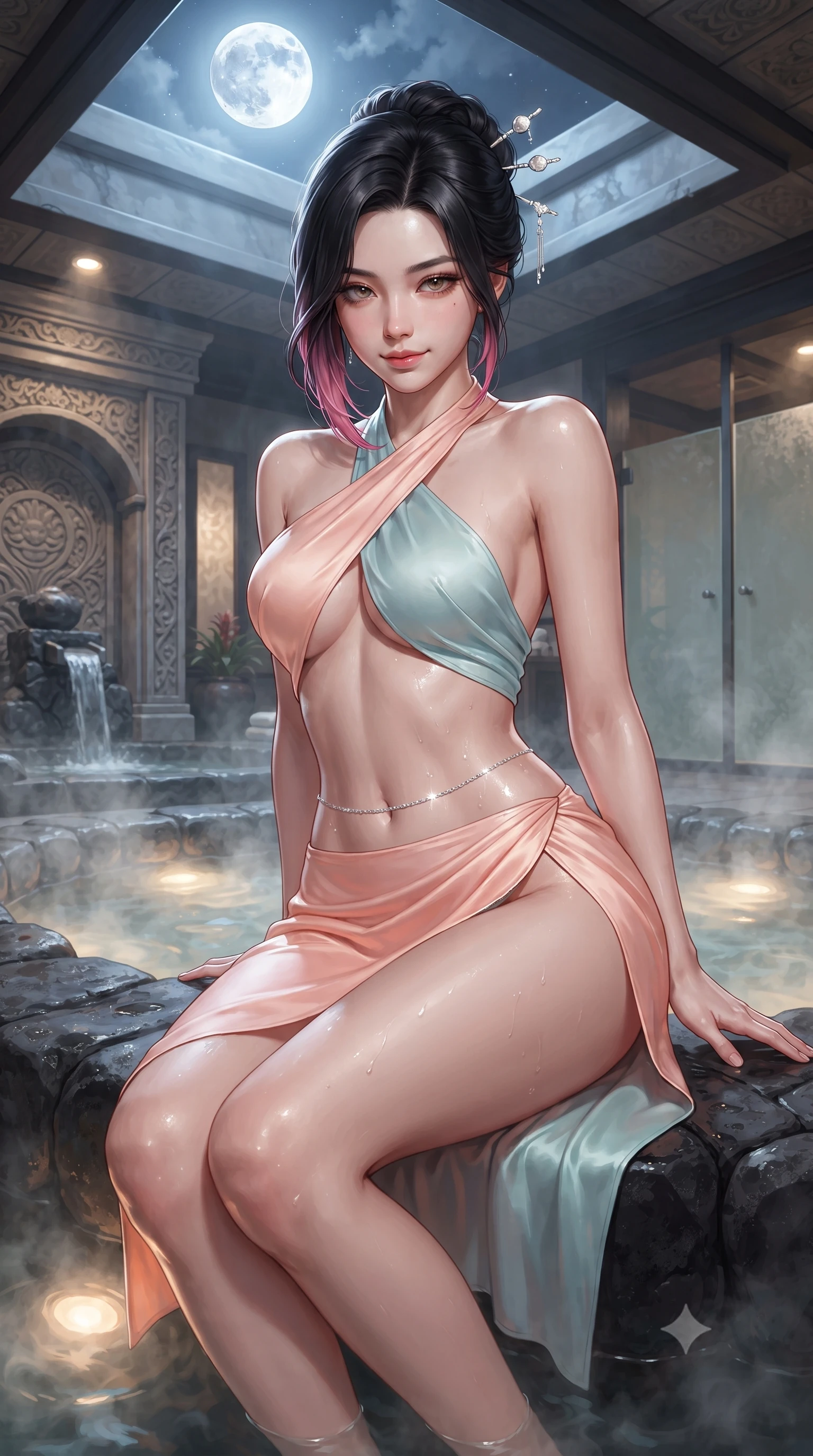 score_9, masterpiece, best quality, ultra-detailed, high-budget anime keyframe, editorial fashion photography, tasteful artistic composition, Korean woman. close-up cowboy shot from the waist and thighs up, the character dominates the composition, filling the frame with her large presence. leaning forward while arching her lower back to accentuate her curvy hips, looking into the camera with an intoxicating smoldering gaze and bedroom-eyes while sitting on the smooth volcanic rock rim of the steaming bath, arching her spine with breathtaking wet-look siren grace. The surrounding environment is rendered in vivid detail and crisp panoramic clarity: detailed wet fabric cling, delicate waist chain shine, and bespoke spa architecture in high resolution. She has an exceptionally elegant, slender, and willowy female figure with an ultra-slim waist, flat toned midriff, narrow ribcage, and sculpted feminine hips creating an alluring, slim hourglass silhouette without bulk. sharp v-shaped jawline, high-bridge nose, sparkling eyes with hypnotic seductive depth, thick curled eyelashes, glossy parted lips with a natural dewy peach sheen, alluring bedroom-eyes with an enchanting coquettish smile, exuding magnetic siren charisma and sophisticated glamour, flawlessly proportioned anatomical accuracy, strict slender model proportions, natural body alignment, perfectly sculpted long slender limbs, ultra-slim waistline, clean dynamic posture without body distortion. wearing a high-waisted silk wrap sarong skirt with a hip-high slit paired with a plunging criss-cross satin halter top in pastel peach blossom and celadon porcelain blue, crafted from fluid liquid silk satin that clings smoothly to every curve with a dewy sheen, finished with delicate mother-of-pearl hairpin ornaments glinting in her dark glossy hair, the form-contouring silhouette accentuating her sculpted flat midriff, narrow delicate ribcage, and gracefully curvy hips with intoxicating allure. bathed in warm underwater pool illumination combined with celestial harvest moonlight from the open skylight. ultra-reflective glossy finish, specular highlights, rich textural contrasts, high-contrast stereoscopic depth, volumetric dynamic lighting, 2k, ultra detail, master piece, 9:16 ratio