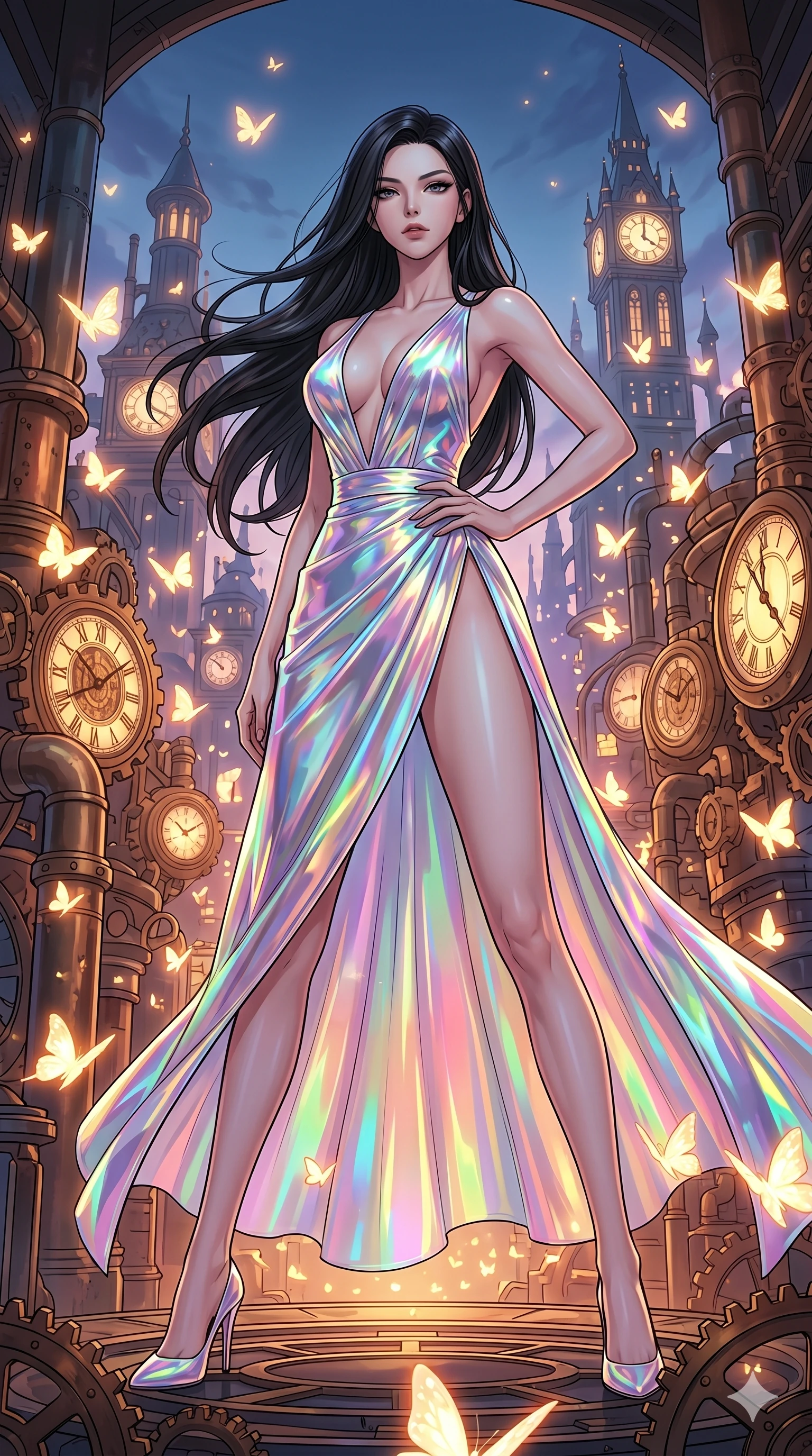 score_9, masterpiece, best quality, ultra-detailed, high-budget anime movie keyframe, cinematic anime lighting, intricate line art, Korean woman. Low angle cowboy shot filling the entire 9:16 frame with her statuesque presence. standing victoriously in a clockwork heart of a city surrounded by glowing butterflies. She has an absolutely perfect 8-heads proportion, an exceptionally tall and slender female figure with an ultra-slim waist and impossibly long slender legs. sharp v-shaped jawline, high-bridge nose, intricate jewel-like eyes, thick eyelashes, glossy lips. Wearing avant-garde high-fashion gown made of iridescent vinyl with a dangerously high side slit and a plunging neckline, revealing an ultra-slim waist and long slender legs. The scene is illuminated by dramatic atmospheric lighting and vibrant color palettes. , 2k, ultra detail, master piece, 9:16 ratio