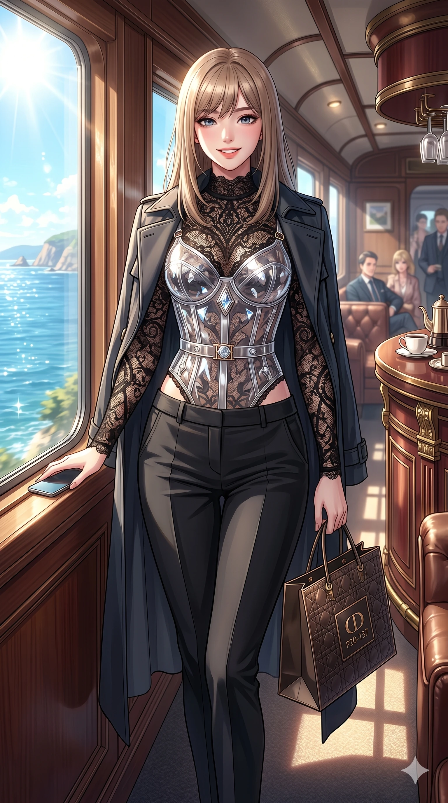 score_9, masterpiece, best quality, ultra-detailed, high-budget anime keyframe, vibrant anime aesthetic, Korean woman. cowboy shot from the thighs up, character and outfit filling the frame for maximum presence. She is holding a boutique bag, smiling warmly with a cheerful and friendly gaze inside a luxury train lounge car showing the coast (Code-P20-137). She has an absolutely perfect 8-heads proportion, an exceptionally tall and slender female figure with impossibly long slender legs and an ultra-slim waist. V-shaped jawline, high-bridge nose, intricate jewel-like eyes with depth, thick eyelashes, glossy lips with a natural sheen. wearing a transparent polymer corset over a black lace bodysuit. She is illuminated by a brilliant midday sun, highlighting her athletic figure and smile. 2k, ultra detail, master piece, 9:16 ratio