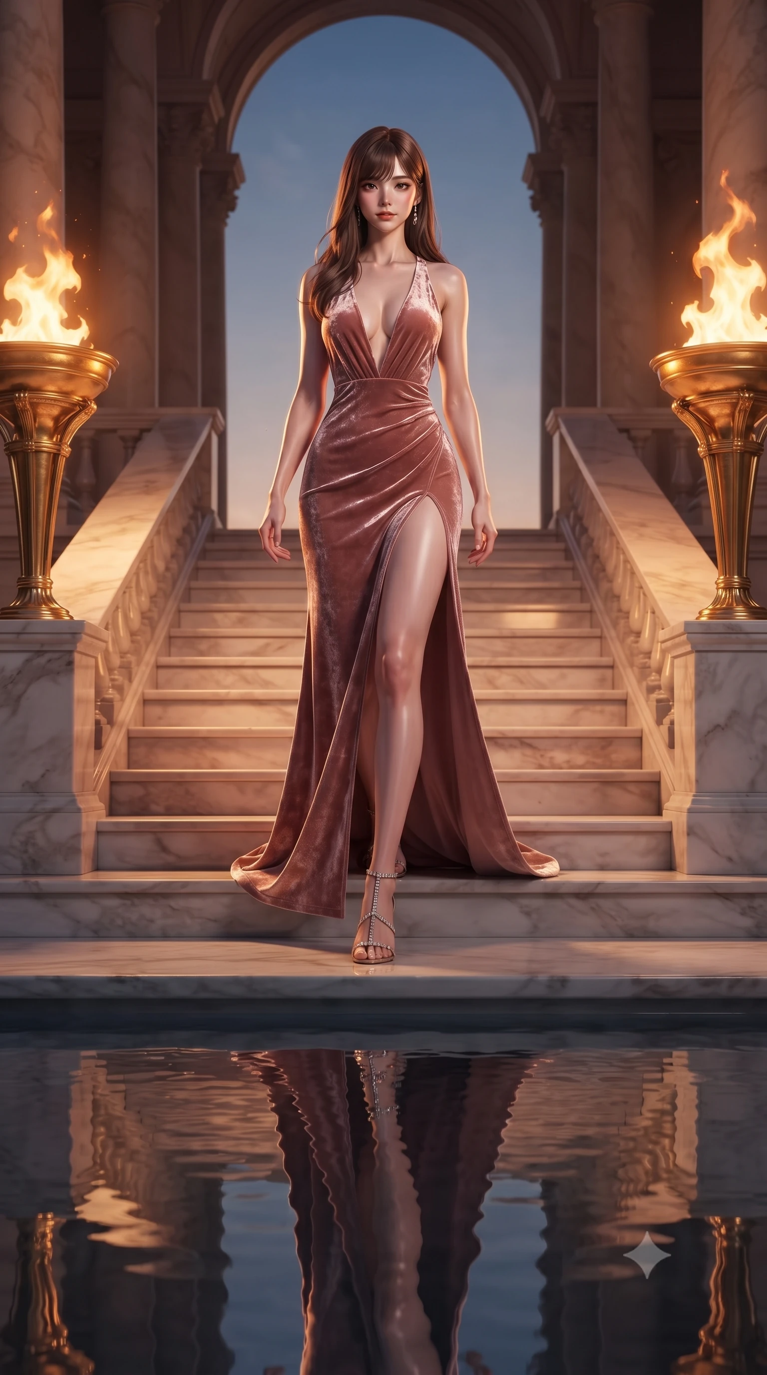 score_9, masterpiece, best quality, ultra-detailed, high-budget anime keyframe, editorial fashion photography, tasteful artistic composition, Korean woman. low angle full-body shot from head to toe showing her feet, filling the entire 9:16 vertical frame with her statuesque presence, stretching her vertical silhouette. navigating the luminous space with effortless poise, displaying her perfect model proportions descending a grand marble staircase flanked by golden torch flames at dusk, still pool waters reflecting her slender silhouette and the open sky. She has an absolutely perfect, statuesque 8.5-heads proportion, an exceptionally tall and slender model-like female figure with impossibly long slender legs and an ultra-slim waist. sharp v-shaped jawline, high-bridge nose, intricate jewel-like eyes with depth, thick eyelashes, glossy lips with a natural sheen. wearing a backless crushed velvet gown with a deep plunging V-neckline and a high thigh slit, the glove-like fit emphasizing her statuesque silhouette. bathed in glorious golden hour sunbeams and warm rose-gold ambient light. ultra-reflective glossy finish, specular highlights, metallic sheen, high-contrast stereoscopic depth, volumetric dynamic lighting, 2k, ultra detail, master piece, 9:16 ratio