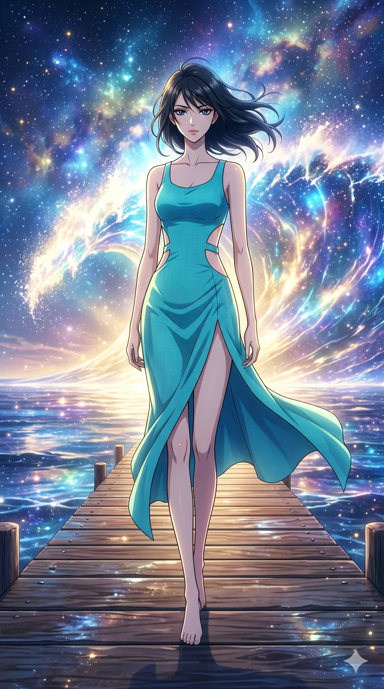 score_9, masterpiece, best quality, ultra-detailed, High-budget Anime Keyframe, beautiful Japanese anime girl. Low angle cowboy shot filling the entire 9:16 frame with her statuesque presence. Standing on a pier as a giant wave of light crashes behind her in a cosmic ocean. She has an absolutely perfect 8-heads proportion, an exceptionally tall and slender female figure with impossibly long slender legs and an ultra-slim waist. Sharp v-shaped jawline, high-bridge nose, intricate jewel-like eyes with depth, thick eyelashes, glossy lips with a natural sheen. Wearing a Seasonal/Resort outfit: turquoise linen sundress with side cut-outs and a high side slit. Background is a bright and colorful starry sea with a glowing blue wave and nebula sky. 2k, ultra detail, master piece, 9:16 ratio