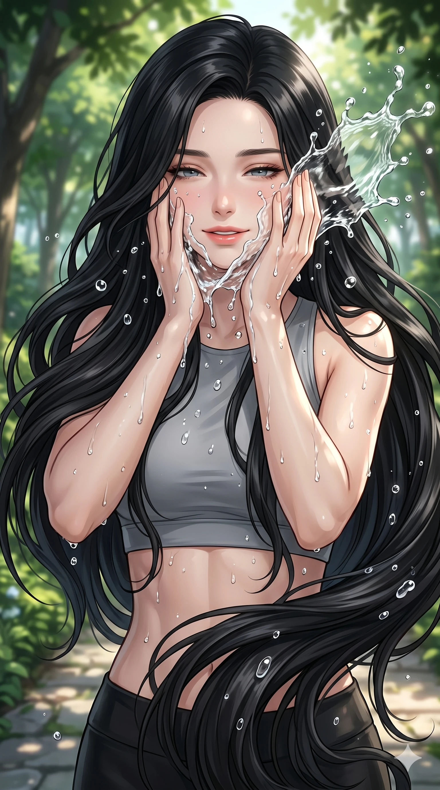score_9, score_8_up, score_7_up, source_anime, masterpiece, best quality, ultra-detailed, same character with long flowing black hair, wearing a grey sports bra, upper body close-up from thigh up filling the screen, splashing water on her face to cool down, water droplets on skin, park background with greenery, 2k, 9:16 ratio