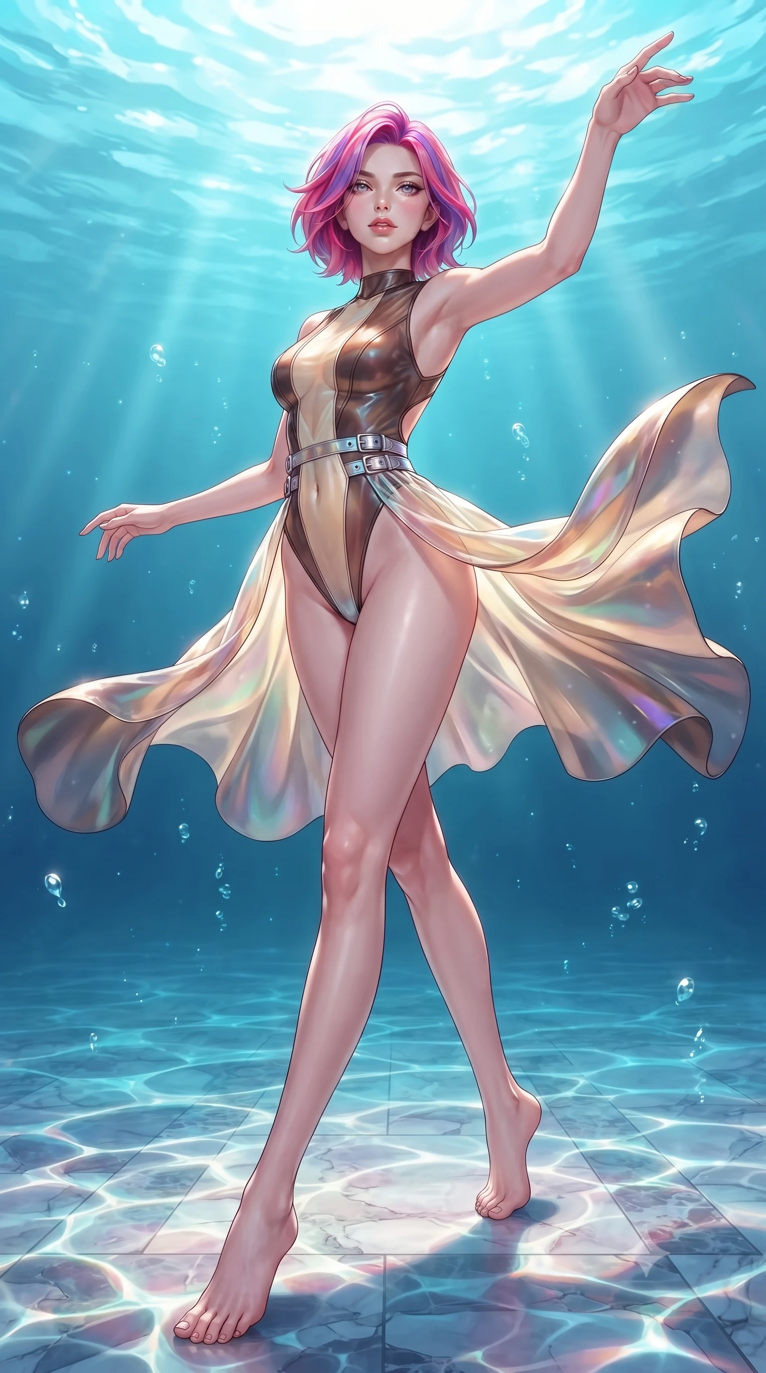 score_9, masterpiece, best quality, ultra-detailed, high-budget anime keyframe, editorial fashion photography, tasteful artistic composition, Caucasian woman. low angle full-body shot from head to toe showing her feet, filling the entire 9:16 vertical frame with her statuesque presence, stretching her vertical silhouette. navigating the luminous space with effortless poise, displaying her perfect model proportions gliding over a mosaic marble floor illuminated by caustic water ripples, gentle ocean currents swaying her attire in fluid underwater motions. She has an absolutely perfect, statuesque 8.5-heads proportion, an exceptionally tall and slender model-like female figure with impossibly long slender legs and an ultra-slim waist. sharp v-shaped jawline, high-bridge nose, intricate jewel-like eyes with depth, thick eyelashes, glossy lips with a natural sheen. wearing a high-cut translucent vinyl leotard with front paneling and open back in espresso brown and warm cream, crafted from iridescent chiffon that shifts colors in the light, detailed with polished silver buckles along the waistline, the form-contouring material highlighting her ultra-slim waist and long lines. surrounded by a shimmering ocean aura with bright pearl-white rim lights. highly saturated vibrant anime colors, detailed shading with soft gradients, rich glossy textures, high-contrast stereoscopic depth, volumetric dynamic lighting, master piece, 9:16 ratio