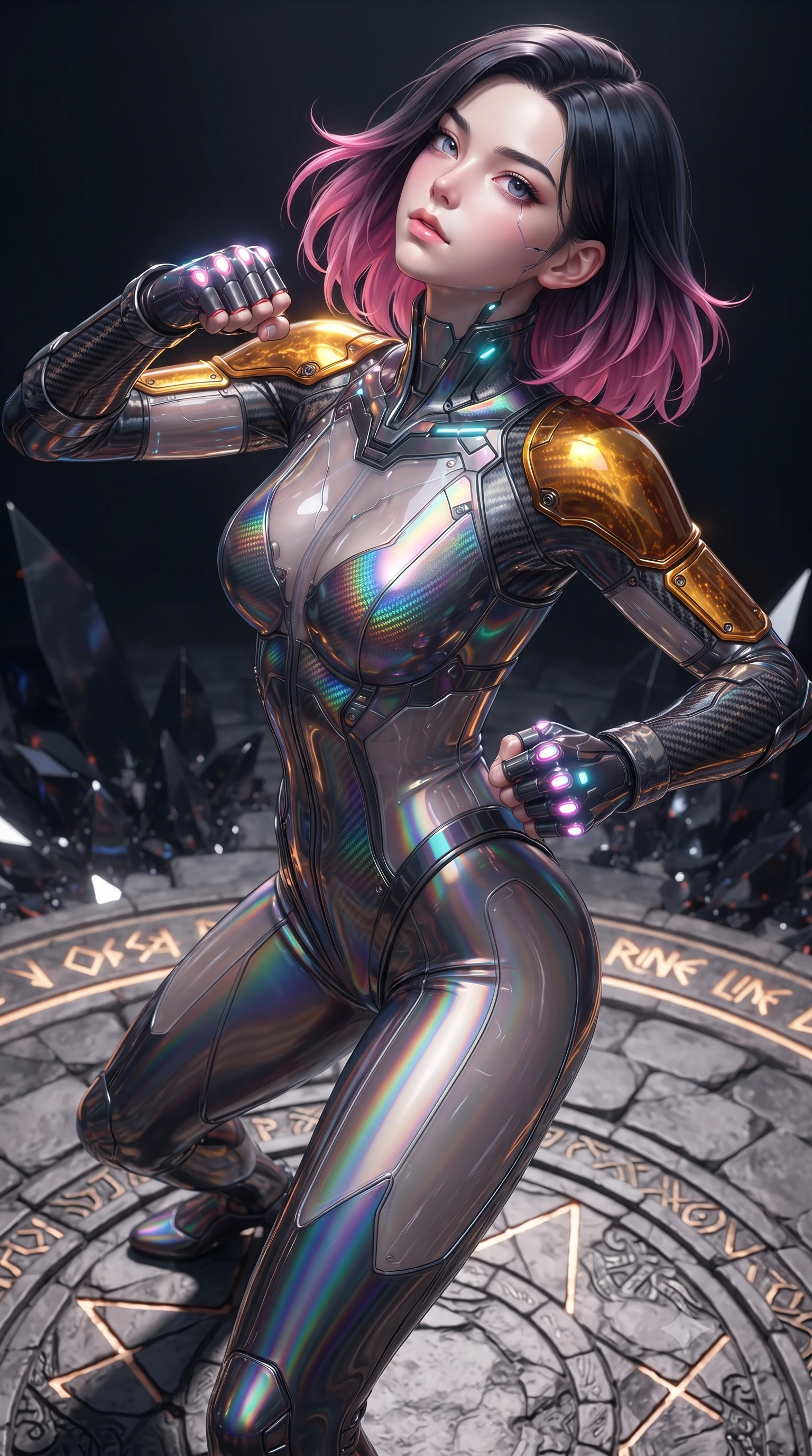 score_9, masterpiece, best quality, ultra-detailed, high-budget anime keyframe, editorial fashion photography, tasteful artistic composition, Korean woman. close-up cowboy shot from the waist and thighs up, the character dominates the composition, filling the frame with her large presence. tilting her head back with serene warrior composure, her sharp jawline and sculpted collarbones highlighted by glowing neon kinetic knuckles while pivoting dynamically on a circular stone glyph platform as she unleashes a high-frequency vibration palm strike into the open air. The surrounding environment is rendered in vivid detail and crisp panoramic clarity. sharp obsidian stone facet reflections, glowing rune line borders, and Damascus carbon weave texture in deep focus. She has an exceptionally elegant, slender, and willowy female figure with an ultra-slim waist, a gracefully sculpted slender torso, toned flat midriff, and a refined slim silhouette. sharp v-shaped jawline, high-bridge nose, intricate jewel-like eyes with depth, thick eyelashes, glossy lips with a natural sheen, flawlessly proportioned anatomical accuracy, strict slender model proportions, natural body alignment, perfectly sculpted long slender limbs, ultra-slim waistline, clean dynamic posture without body distortion. wearing a high-gloss iridescent rainbow carbon-weave bodysuit with translucent cybernetic panels and Damascus-steel forearm bracers in molten amber-gold carbon cuirass with dark titanium weave, made of liquid carbon-jersey fabric adhering flawlessly to her sculpted silhouette, featuring a sleek aerodynamic collar framed by subtle glowing cybernetic status LEDs, the glove-like aerodynamic second-skin fit tightly clinging to her ultra-slender waist and athletic curves without adding bulk, accentuating her razor-sharp statuesque lines and slim hourglass silhouette. illuminated by crisp specular highlights tracing her sculpted flat midriff, bare spine, and slender limbs. ultra-reflective glossy finish, specular highlights, dark metallic sheen, high-contrast stereoscopic depth, volumetric dynamic lighting, 2k, ultra detail, master piece, 9:16 ratio