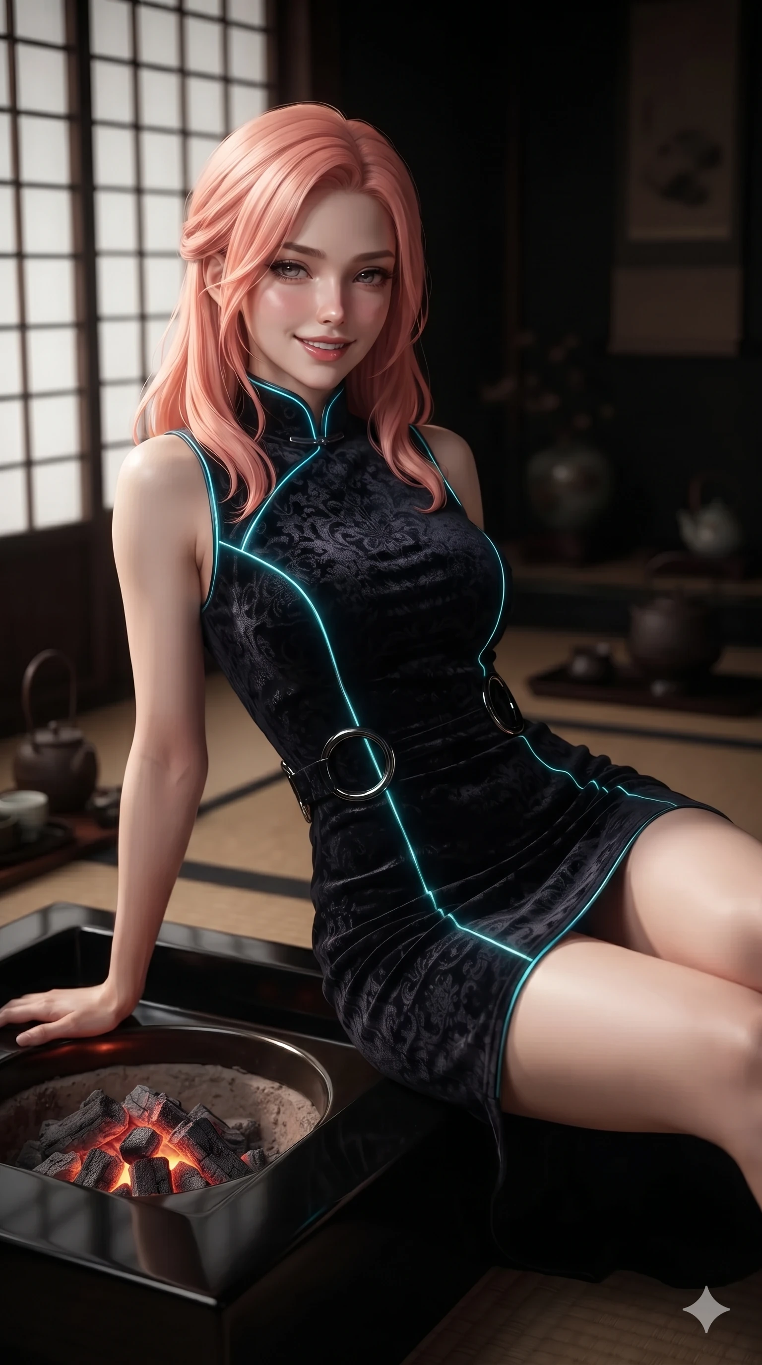 score_9, masterpiece, best quality, ultra-detailed, high-budget anime keyframe, editorial fashion photography, tasteful artistic composition, Japanese woman. close-up cowboy shot from the waist and thighs up, the character dominates the composition, filling the frame with her large presence. smiling with quiet, magnetic self-assurance directly into the camera with heavy-lidded sparkling eyes while perched gracefully on the edge of the sunken black lacquer tea hearth, propped on one elbow with parted glossy lips. The background shows a soft-focus exclusive Kyoto dark tea pavilion softened in intimate sanctuary shallow focus. She has an exceptionally elegant, slender, and willowy female figure with an ultra-slim waist, flat toned midriff, narrow ribcage, and sculpted feminine hips creating an alluring, slim hourglass silhouette without bulk. sharp v-shaped jawline, high-bridge nose, intricate jewel-like dark sparkling eyes with hypnotic seductive depth, thick curled eyelashes, glossy parted lips with a natural wine sheen, alluring bedroom-eyes with an enigmatic smoldering smile, exuding magnetic sovereign charisma and dark avant-garde glamour, flawlessly proportioned anatomical accuracy, strict slender model proportions, natural body alignment, perfectly sculpted long slender limbs, ultra-slim waistline, clean dynamic posture without body distortion. wearing a structured obsidian brocade evening dress with high mandarin collar in neon cyan edge-glow and dark carbon black, tailored from crushed dark velvet with deep light-absorbing plush texture, accented with sculpted obsidian chrome rings at the waist, accentuating her gracefully sculpted slender torso and statuesque proportions. bathed in soft diffuse light filtering through black paper shoji screens and glowing charcoal brazier embers. ultra-reflective glossy finish, specular highlights, metallic sheen, high-contrast stereoscopic depth, volumetric dynamic lighting, 2k, ultra detail, master piece, 9:16 ratio
