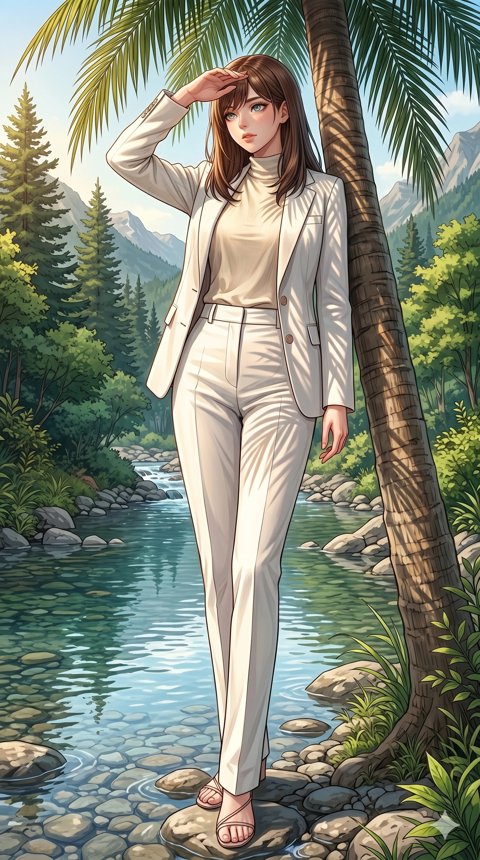 score_9, masterpiece, best quality, ultra-detailed, high-budget anime keyframe, editorial fashion photography, tasteful artistic composition, Korean woman. low angle full-body shot from head to toe showing her feet, filling the entire 9:16 vertical frame with her statuesque presence, stretching her vertical silhouette. leaning against a palm tree trunk, shielding her eyes from the sun with one hand, casting a warm-eyed gaze by a crystal-clear mountain stream winding through a lush green forest valley (Code-P19-002). She has an absolutely perfect 8-heads proportion, an exceptionally tall and slender female figure with impossibly long slender legs and an ultra-slim waist. V-shaped jawline, high-bridge nose, intricate jewel-like eyes with depth, thick eyelashes, glossy lips with a natural sheen. wearing a tailored white cotton canvas blazer with matching trousers and a high-neck sun-bleached linen top. drenched in warm, late-afternoon sunshine casting long, elegant palm shadows across her form. 2k, ultra detail, master piece, 9:16 ratio