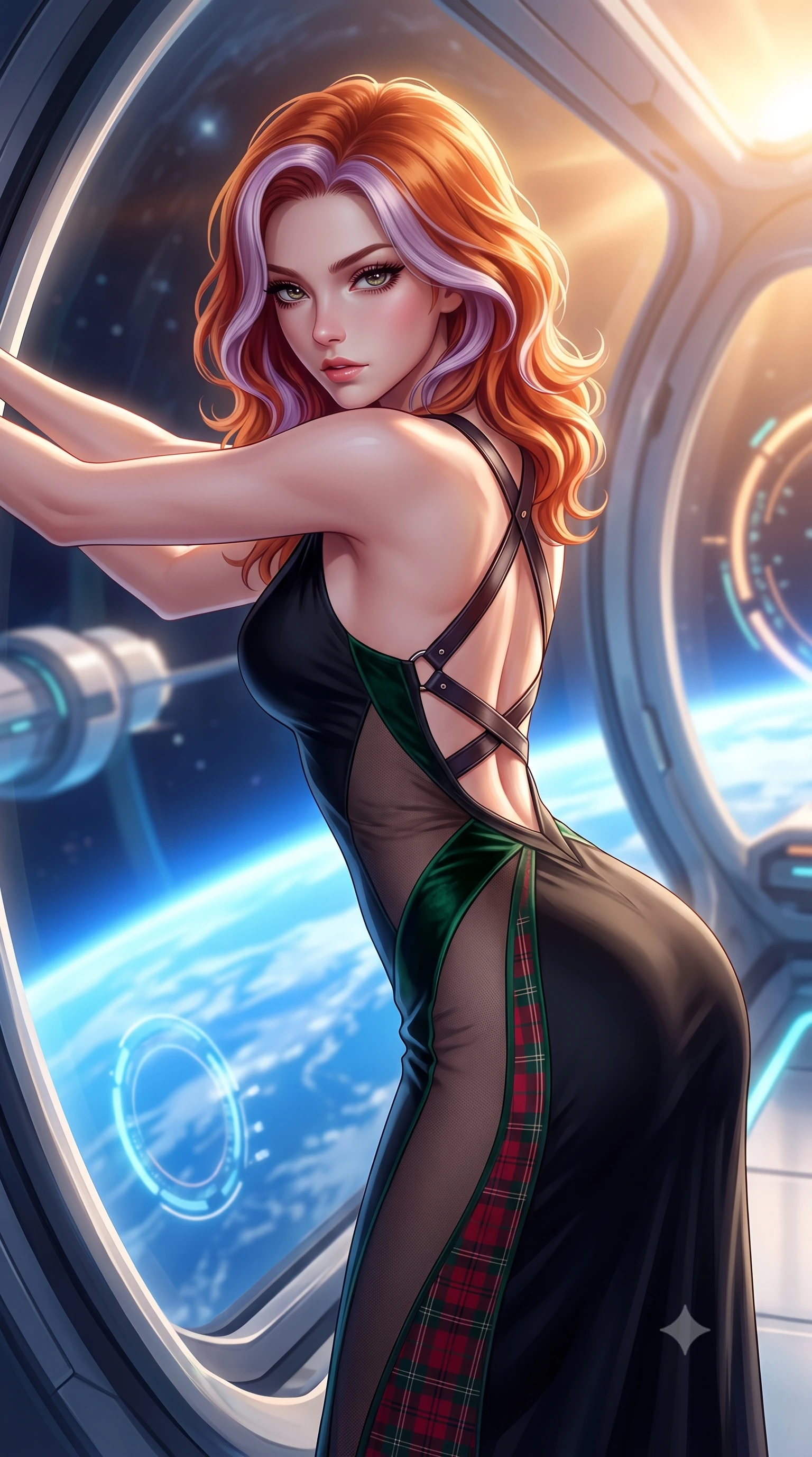 score_9, masterpiece, best quality, ultra-detailed, high-budget anime keyframe, semi-realistic 3D game render, editorial fashion photography, tasteful artistic composition, Caucasian woman. close-up cowboy shot from the waist and thighs up, the character dominates the composition, filling the frame with her large presence. leaning back with relaxed seductive grace, her sculpted collarbones and narrow waist highlighted as she casts smoldering bedroom-eyes directly into the camera while leaning forward against the massive curved panoramic viewport overlooking the brilliant blue curve of Earth, hips cocked back in an intoxicating zero-gravity posture. The composition keeps background elements in soft focus with creamy bokeh. sleek white space station bulkheads and glowing telemetry rings softened in futuristic shallow focus. She has an exceptionally elegant, slender, and willowy female figure with an ultra-slim waist, flat toned midriff, narrow ribcage, and sculpted feminine hips creating an alluring, slim hourglass silhouette without bulk. sharp v-shaped jawline, high-bridge nose, intricate jewel-like eyes with depth, thick eyelashes, glossy parted lips with a natural sheen, intensely captivating and seductive bedroom-eyes expression, flawlessly proportioned anatomical accuracy, strict slender model proportions, natural body alignment, perfectly sculpted long slender limbs, ultra-slim waistline, clean dynamic posture without body distortion. wearing a second-skin black silk jersey maxi dress with asymmetrical sheer mesh side panels tracing the full curve of her hip in deep emerald green velvet and royal tartan crimson, made of fluid silk crepe with delicate inner corsetry boning, featuring an open-back criss-cross harness strap in dark leather, the form-contouring material adhering flawlessly to her sculpted flat midriff and slender torso, emphasizing her long leg lines and perfectly proportioned willowy build. bathed in radiant golden orbital sunrise backlighting and ambient cool blue Earth glow from below. highly saturated vibrant anime colors, detailed shading with soft gradients, rich glossy textures, high-contrast stereoscopic depth, volumetric dynamic lighting, master piece, 9:16 ratio