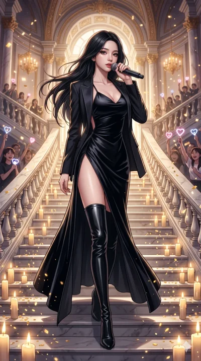 score_9, masterpiece, best quality, ultra-detailed, High-budget Anime Keyframe, beautiful Caucasian anime girl (strictly human ears). Dynamic full-body shot stretching the vertical silhouette with her statuesque presence. Descending a grand marble st