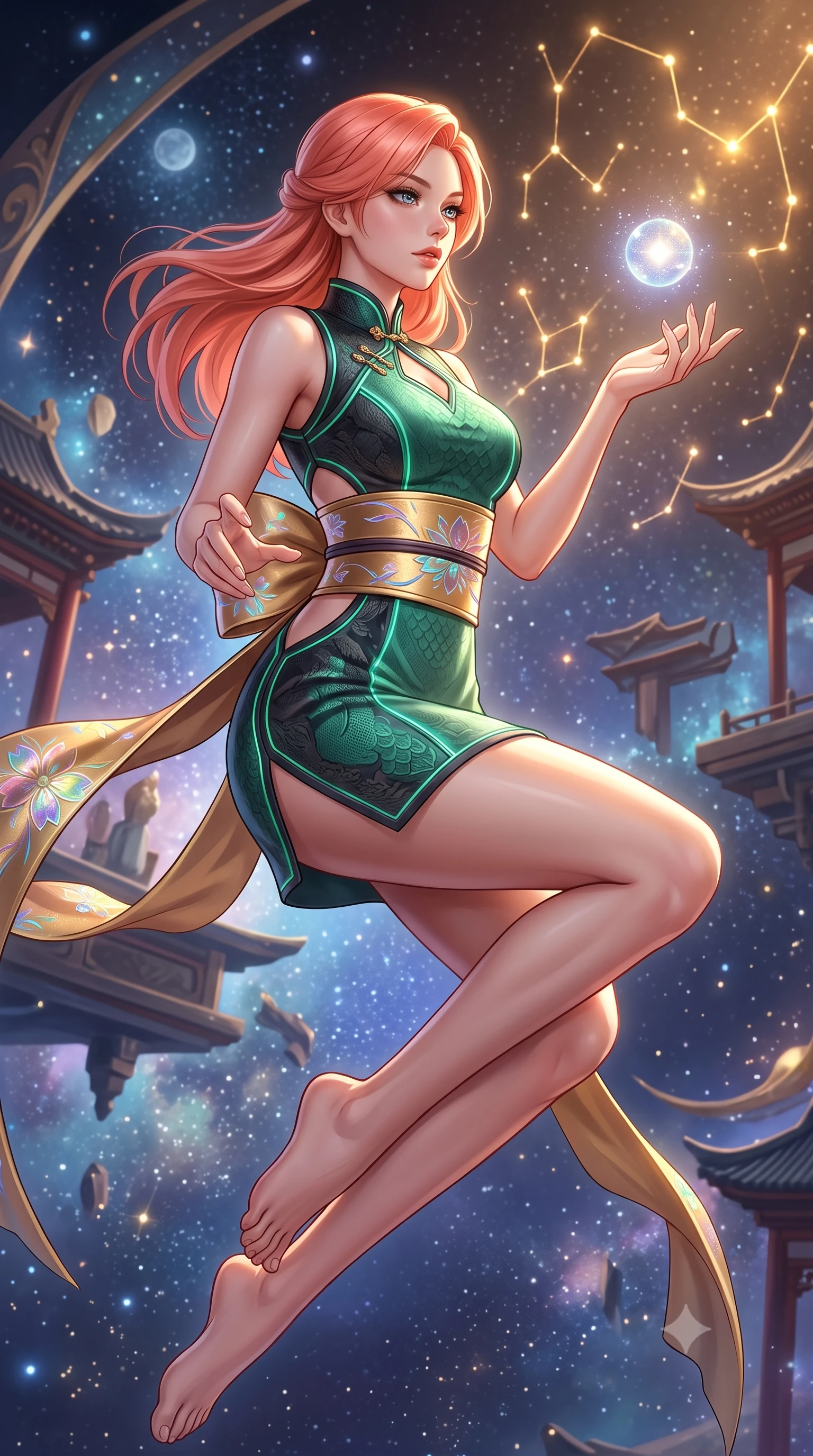 score_9, masterpiece, best quality, ultra-detailed, high-budget anime keyframe, semi-realistic 3D game render, editorial fashion photography, tasteful artistic composition, Japanese woman. close-up cowboy shot from the waist and thighs up, the character dominates the composition, filling the frame with her large presence. holding her hands loosely in front with regal, aristocratic poise, radiating an overwhelming high-society aura while reaching out gracefully toward a floating orb of starlight, her long slender legs and willowy torso extended in pure dancer poise. The surrounding environment is rendered in vivid detail and crisp panoramic clarity. transcendent zero-gravity chiaroscuro and cosmic oriental palace aesthetics captured with precision. She has an exceptionally elegant, slender, and willowy female figure with an ultra-slim waist, a gracefully sculpted slender torso, toned flat midriff, and a refined slim silhouette. sharp v-shaped jawline, high-bridge nose, intricate jewel-like eyes with depth, thick eyelashes, glossy lips with a natural sheen, captivating and magnetic expression, flawlessly proportioned anatomical accuracy, strict slender model proportions, natural body alignment, perfectly sculpted long slender limbs, ultra-slim waistline, clean dynamic posture without body distortion. wearing a futuristic embroidered qipao mini dress with glowing fiber-optic seams and side cutouts in jade green and dark obsidian, made of rich textured jacquard silk with dragon scale weave, complemented by a wide metallic gold obi sash with holographic floral embroidery, the liquid-tight tailored fabric emphasizing every curve of her tall, slender model proportions and sculptured silhouette during dynamic movement. bathed in multidirectional celestial starlight and warm golden constellation backlighting. highly saturated vibrant anime colors, detailed shading with soft gradients, rich glossy textures, high-contrast stereoscopic depth, volumetric dynamic lighting, master piece, 9:16 ratio